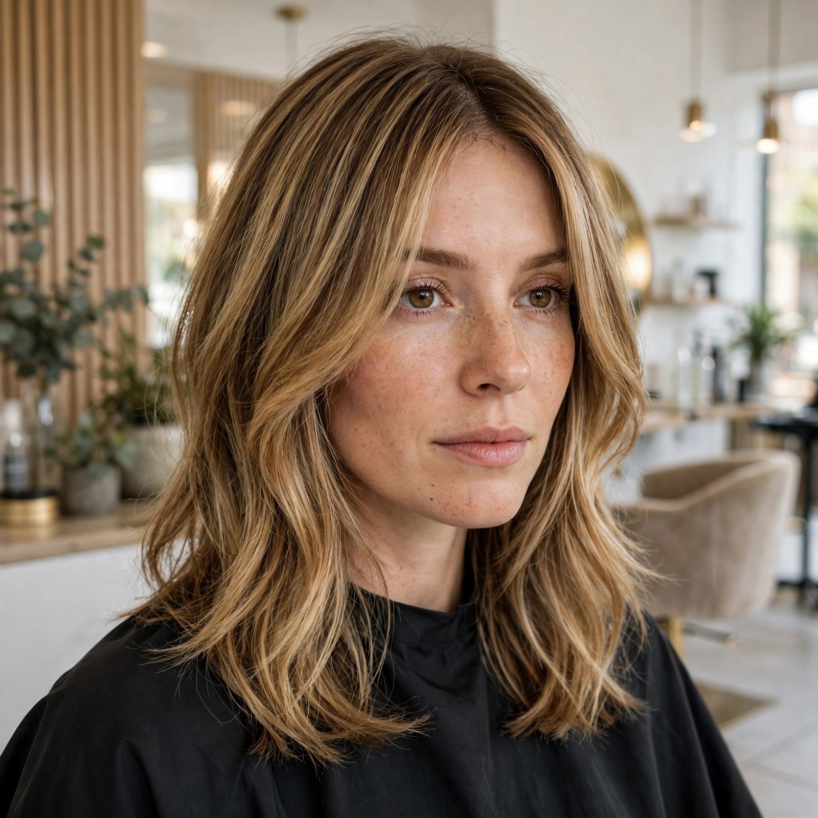 Curtain bangs with mid-length layered hair