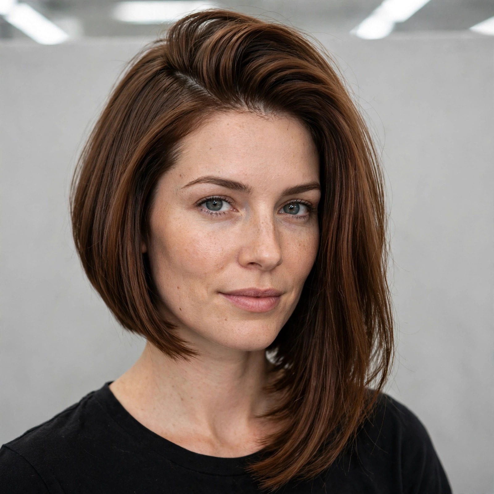Woman with an A-line lob and deep side part