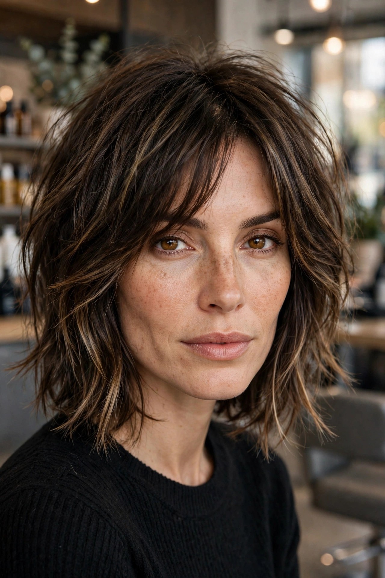 Shaggy textured bob with piece-y ends on a diamond face