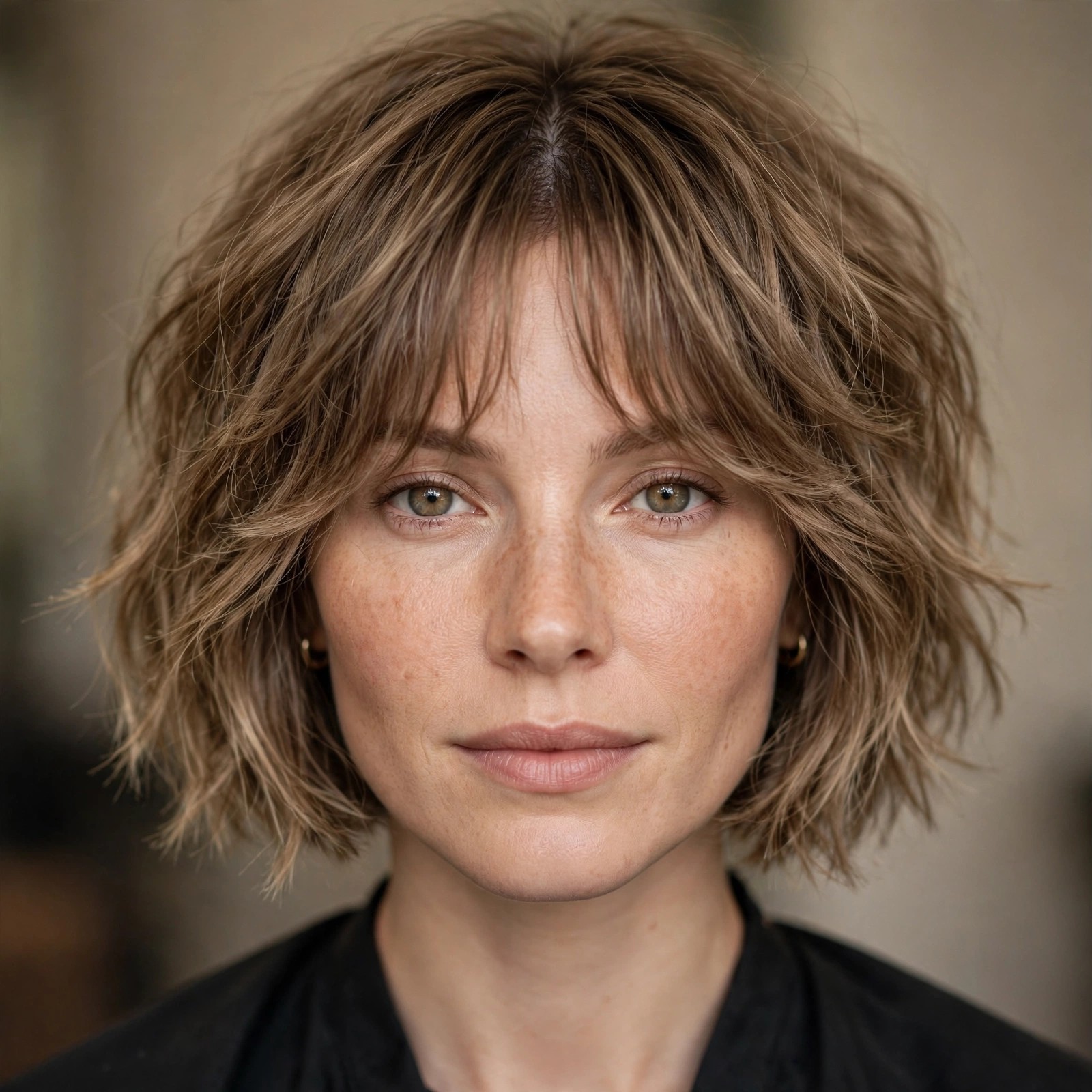 Chin-grazing textured bob with wispy curtain bangs on a heart face
