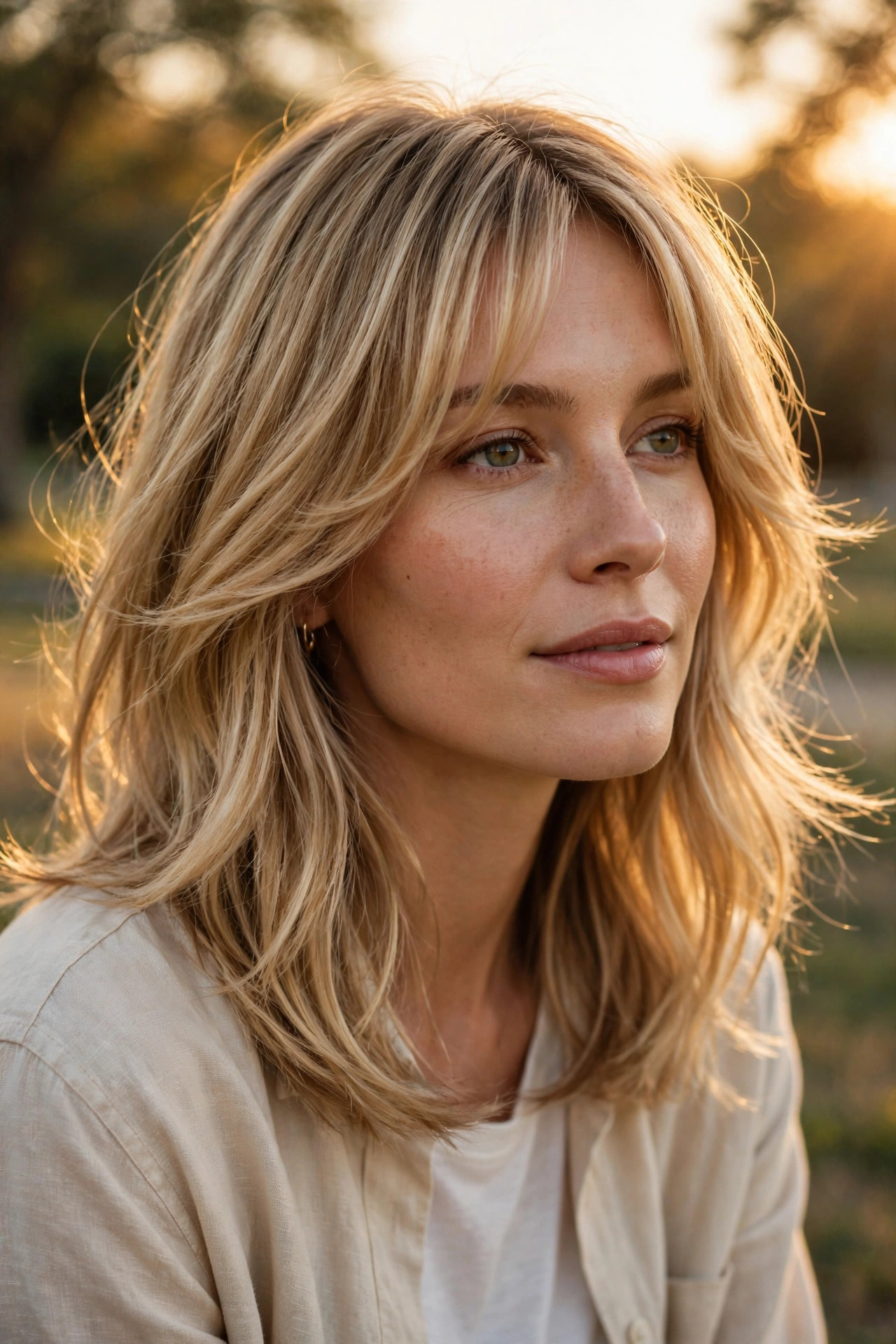 Collarbone haircut with curtain bangs and layers