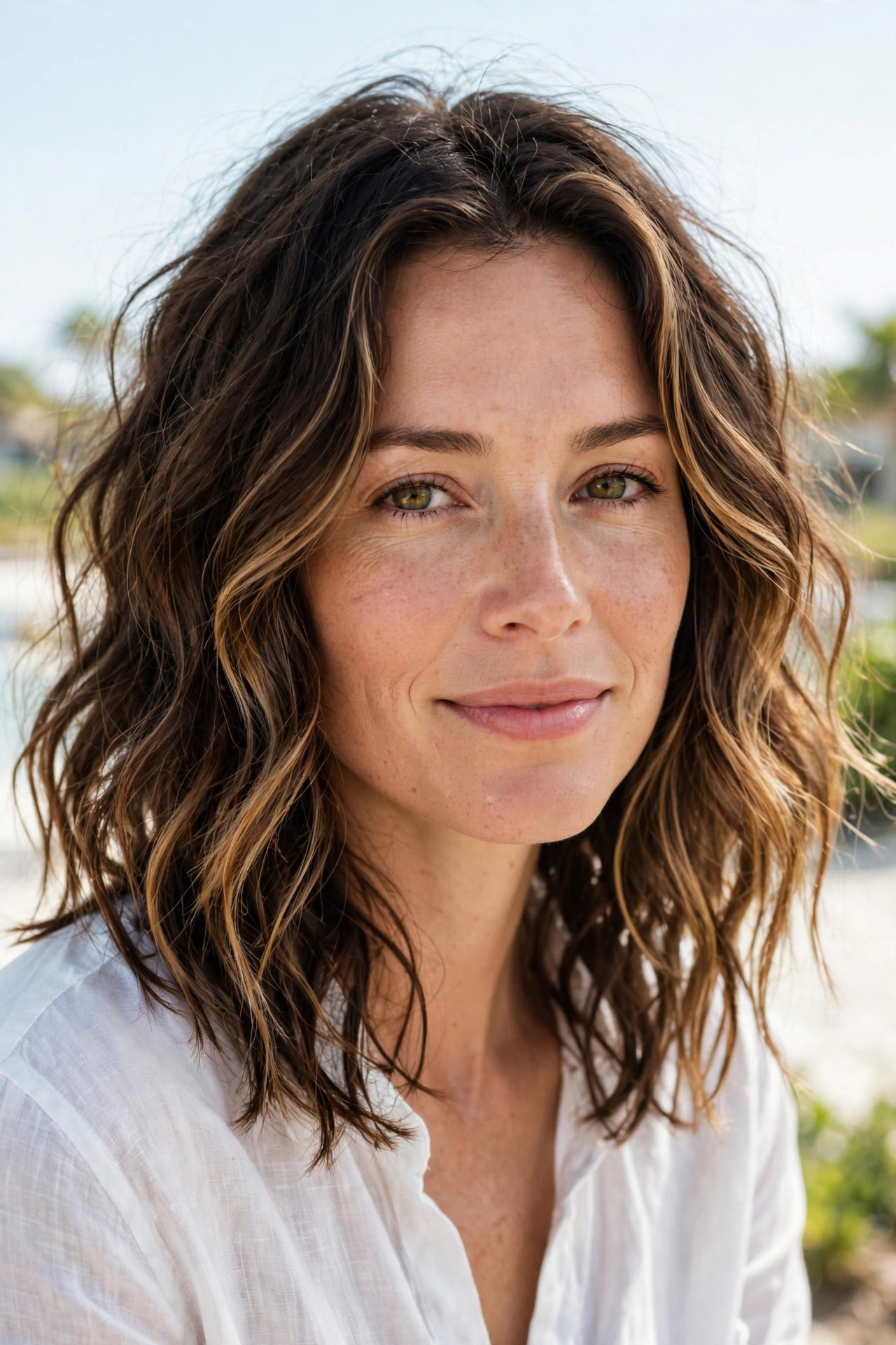 Wavy collarbone lob with caramel balayage