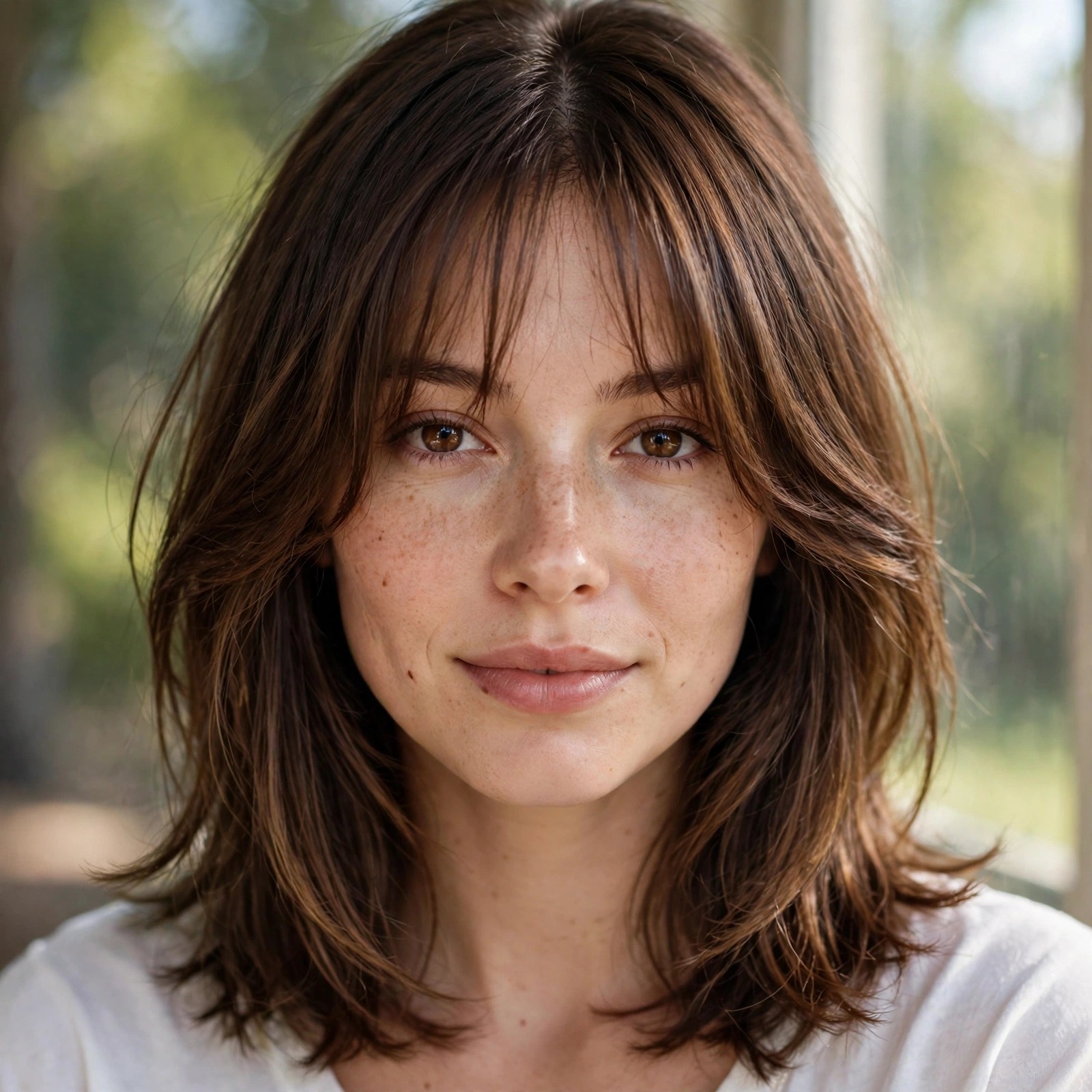 Curtain bangs with collarbone-length layered hair