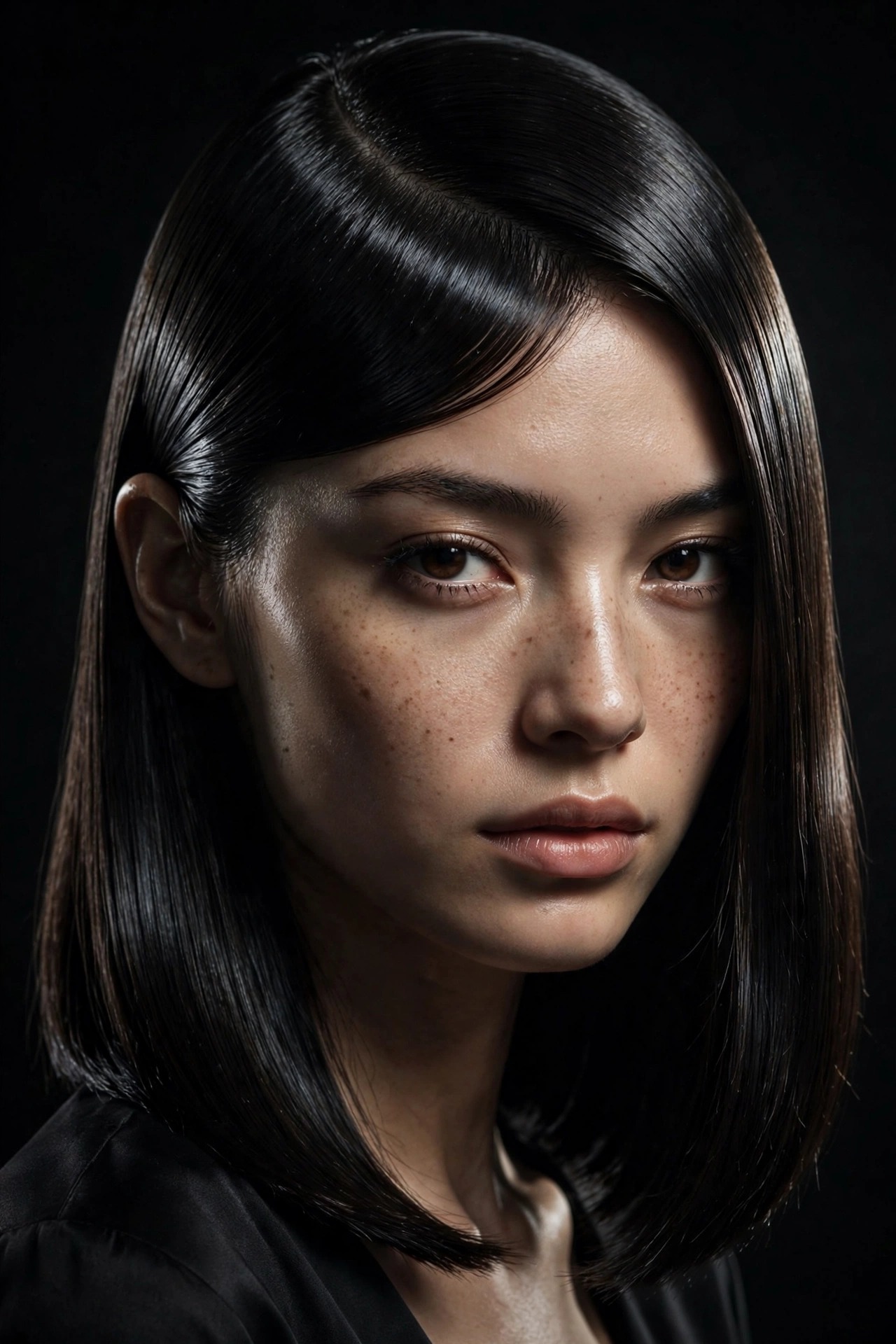 Ultra-sleek glass-like straight black hair at collarbone length
