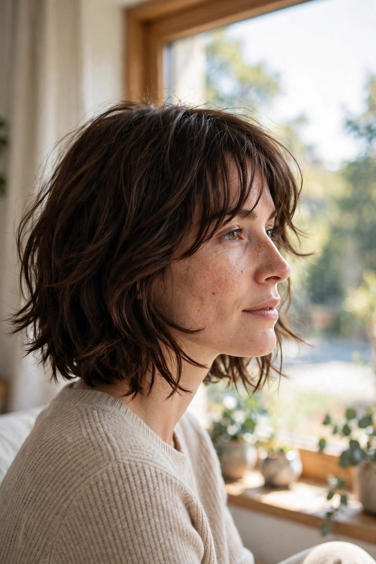Woman with a shag bob and wispy fringe