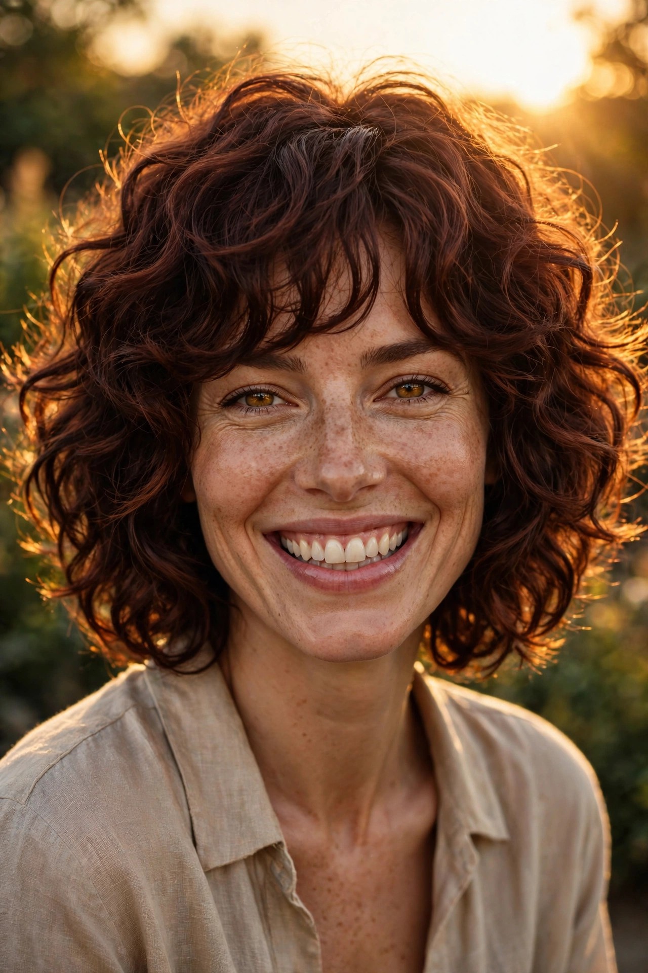 Woman with a curly shag bob
