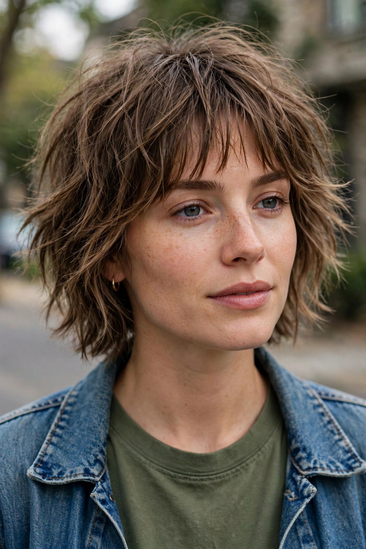 Textured shaggy midlength haircut with wispy bangs