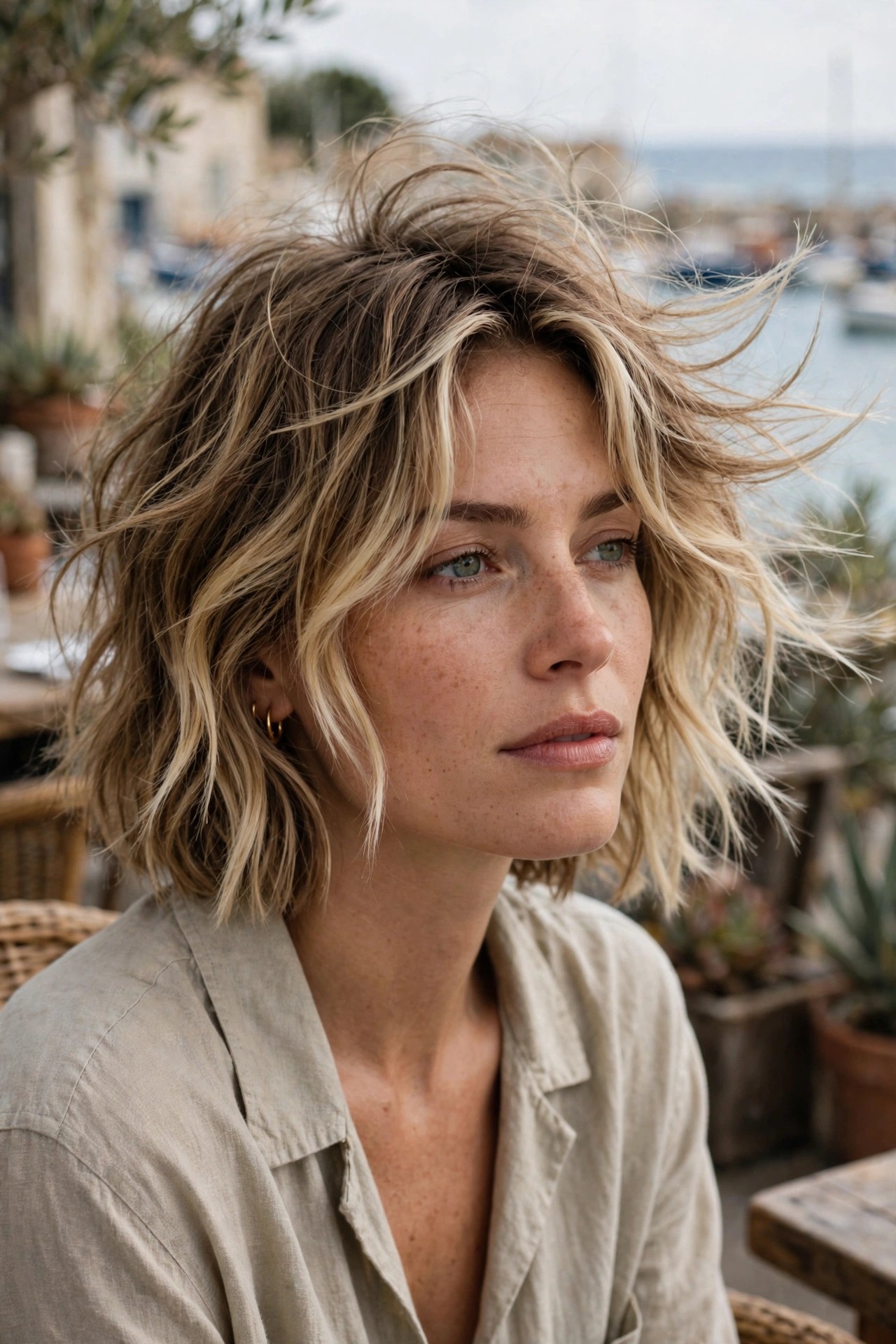 Woman with a beachy wavy shag bob