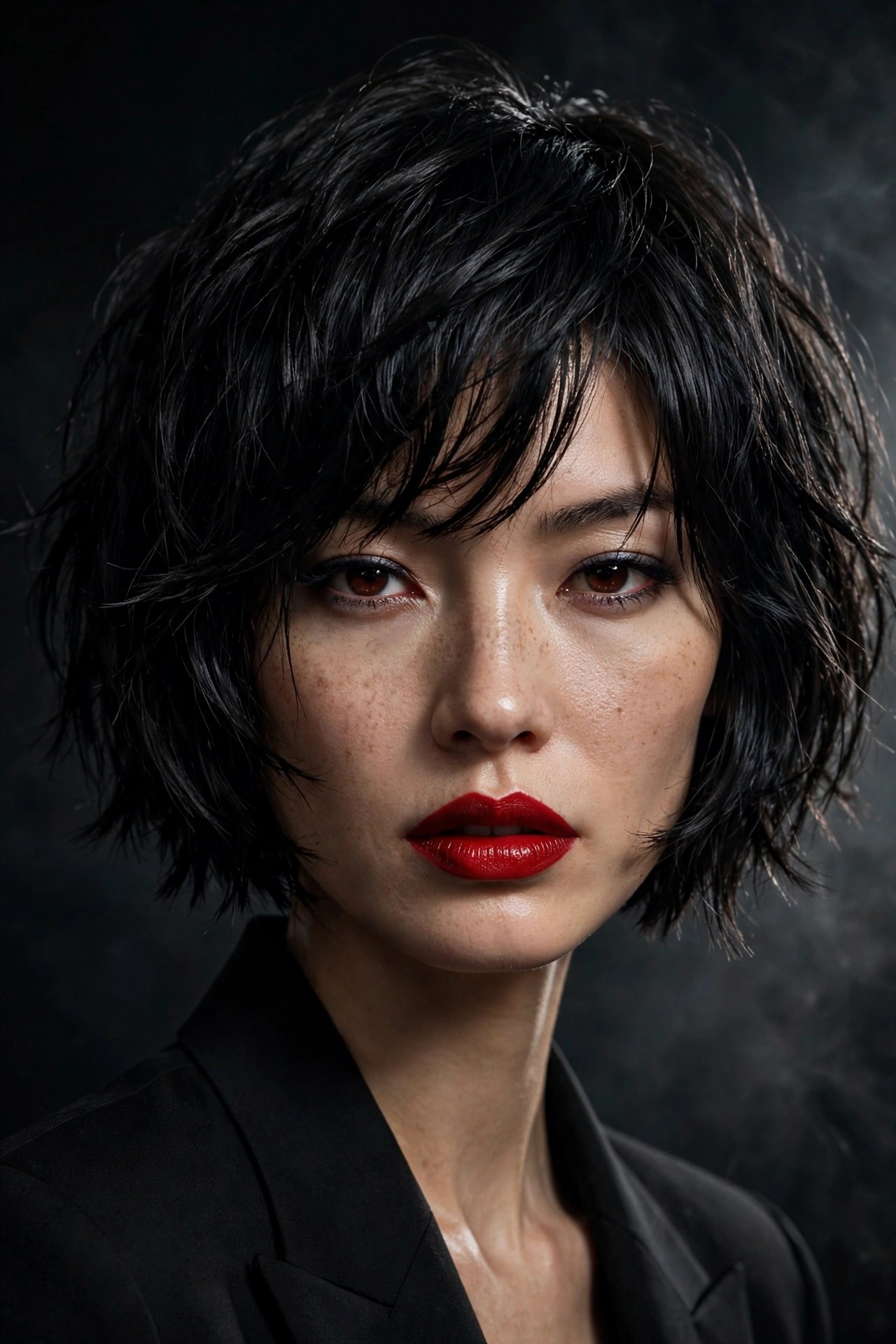 Woman with a jaw-length mini shag bob