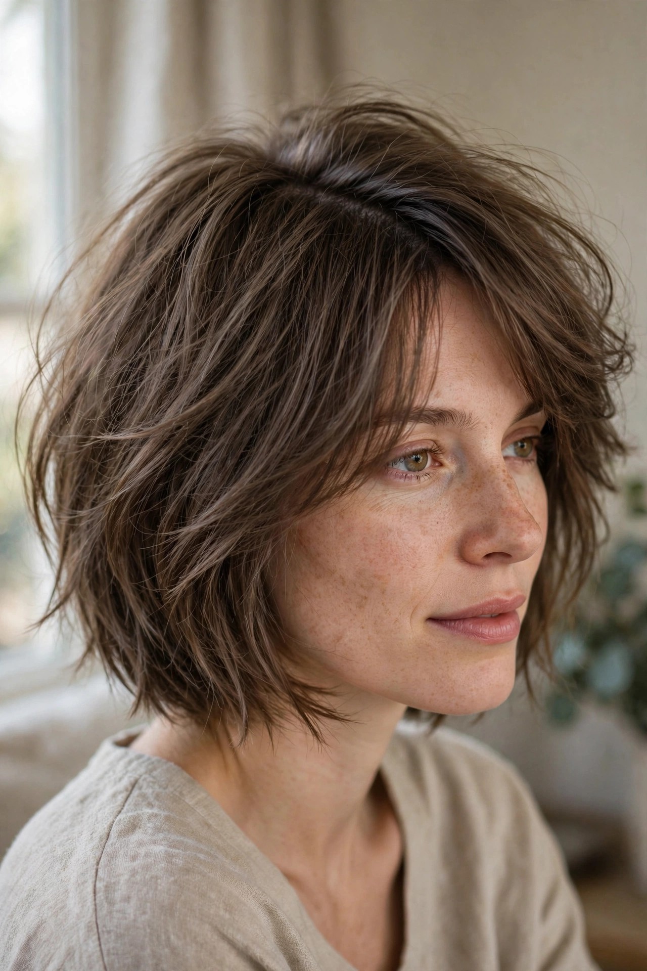 Woman with a fine-hair shag bob with a side part