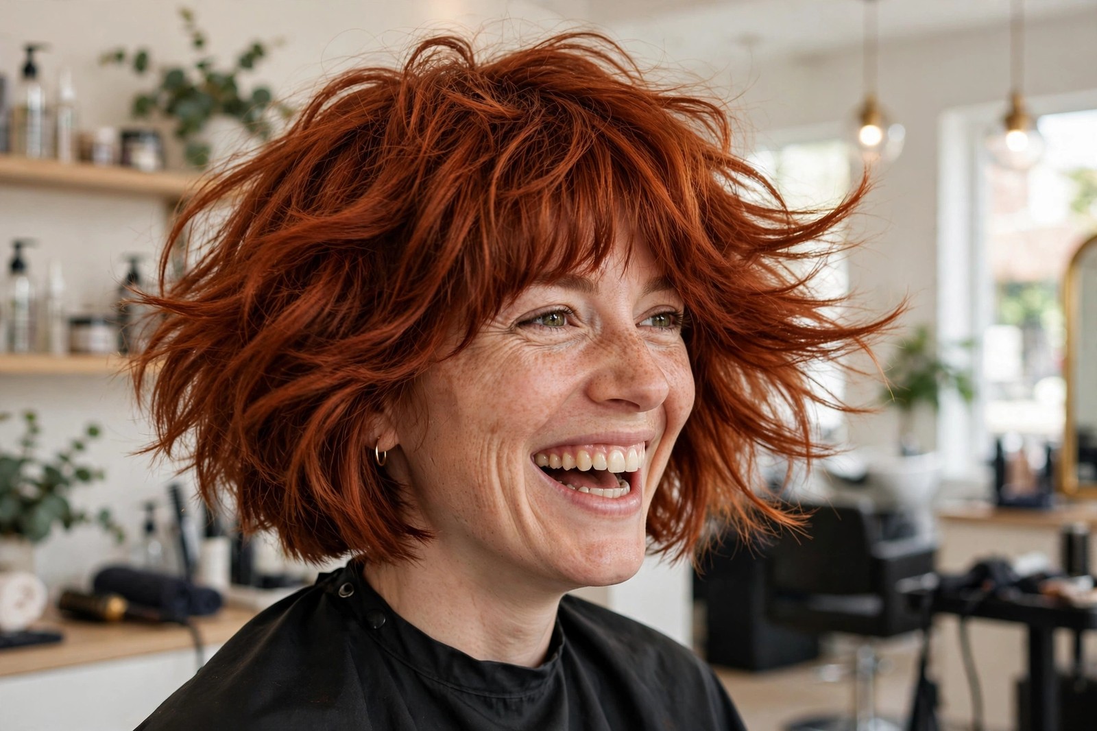 Woman with a thick de-bulked shag bob
