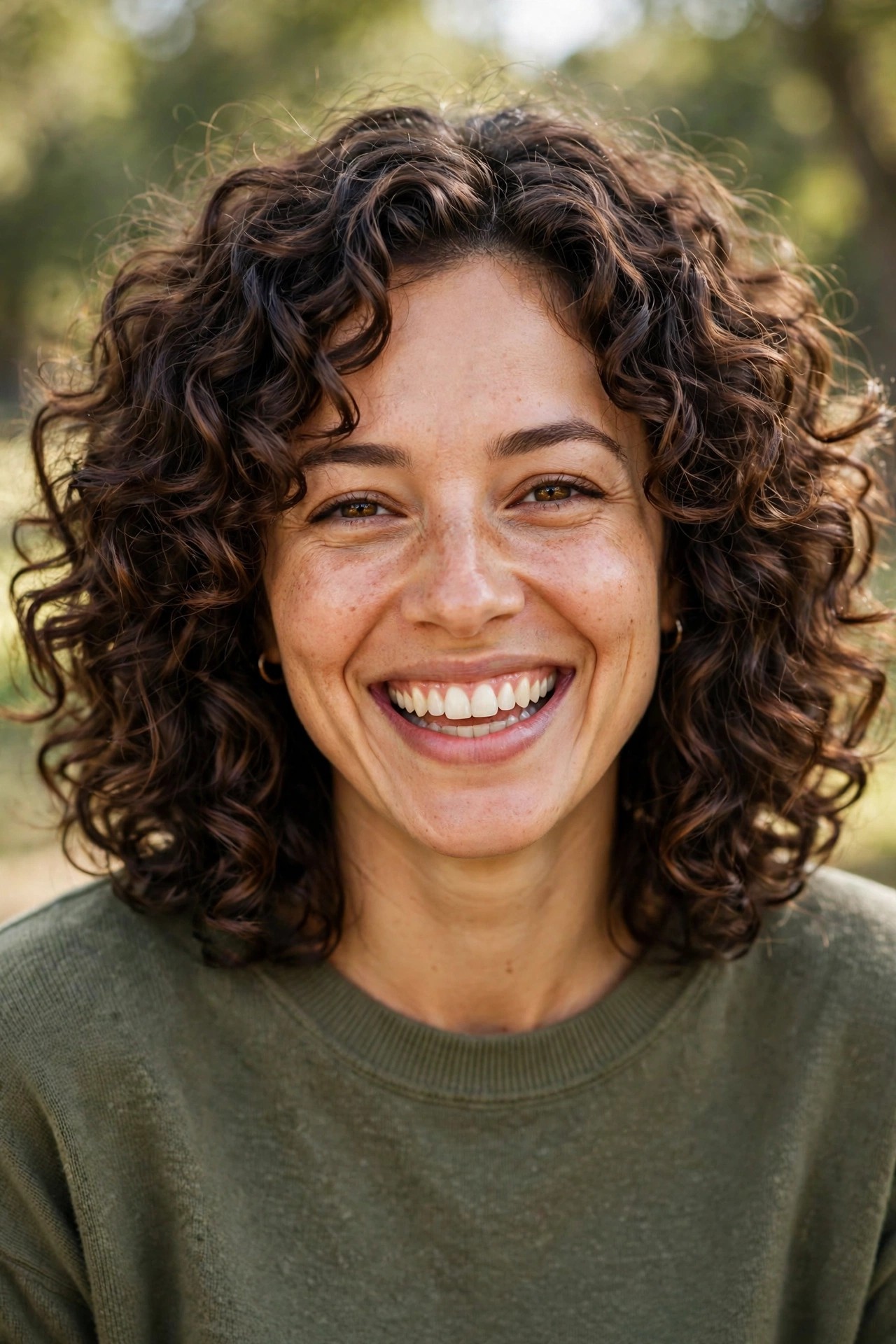 Curly midlength haircut with rounded layers