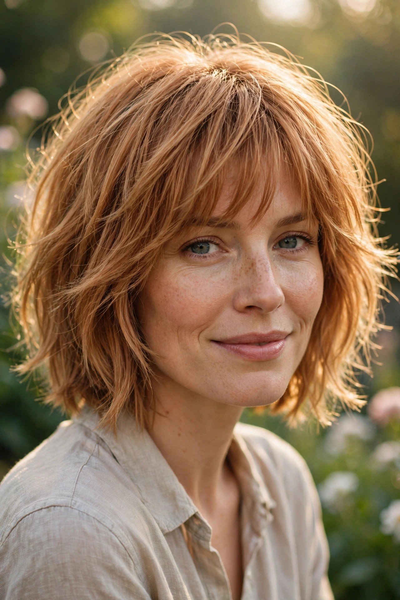 Woman with a copper-blonde color-melt shag bob