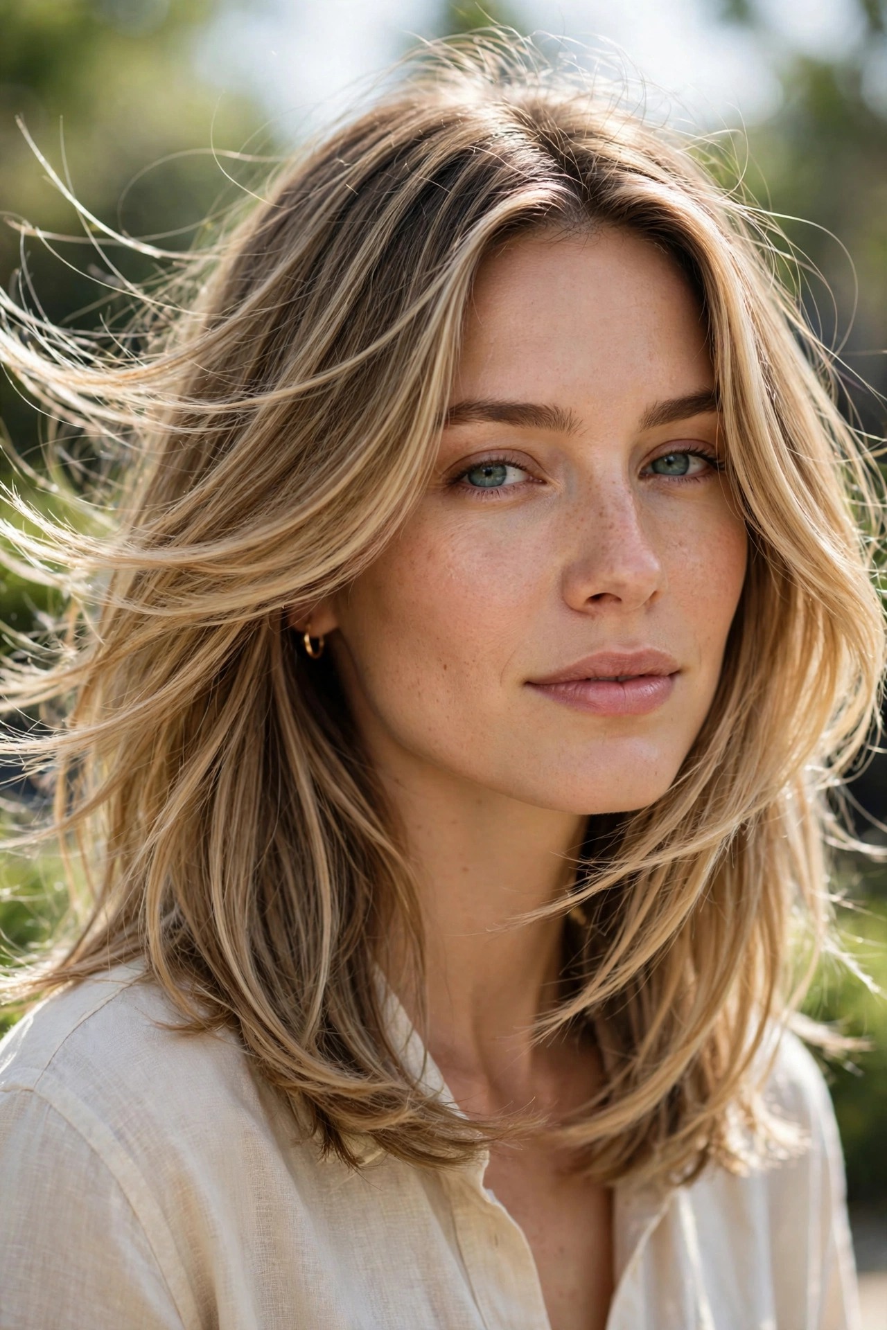 Collarbone-length hair with soft long layers and balayage