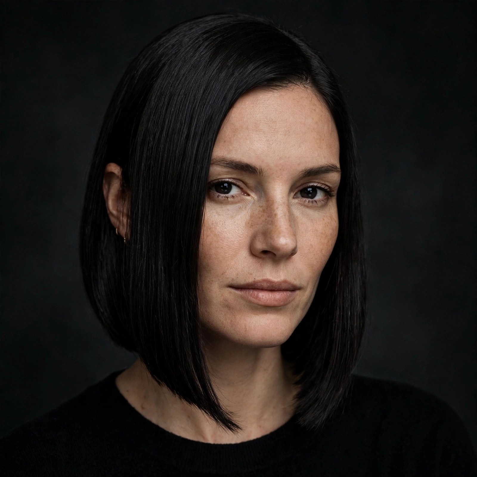 Studio portrait of a woman with an A-line angled lob