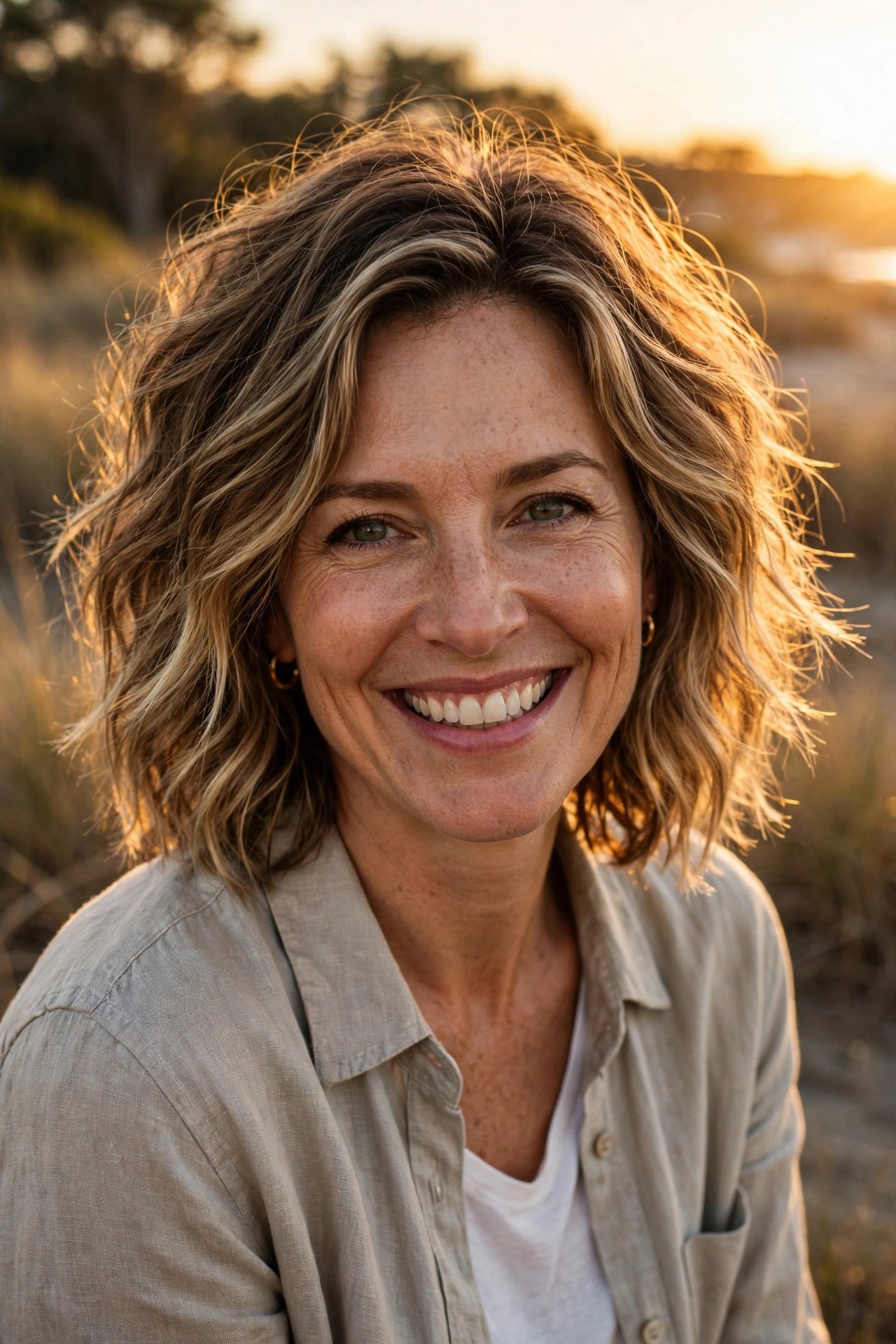 Woman with tousled beach-wave lob and balayage highlights