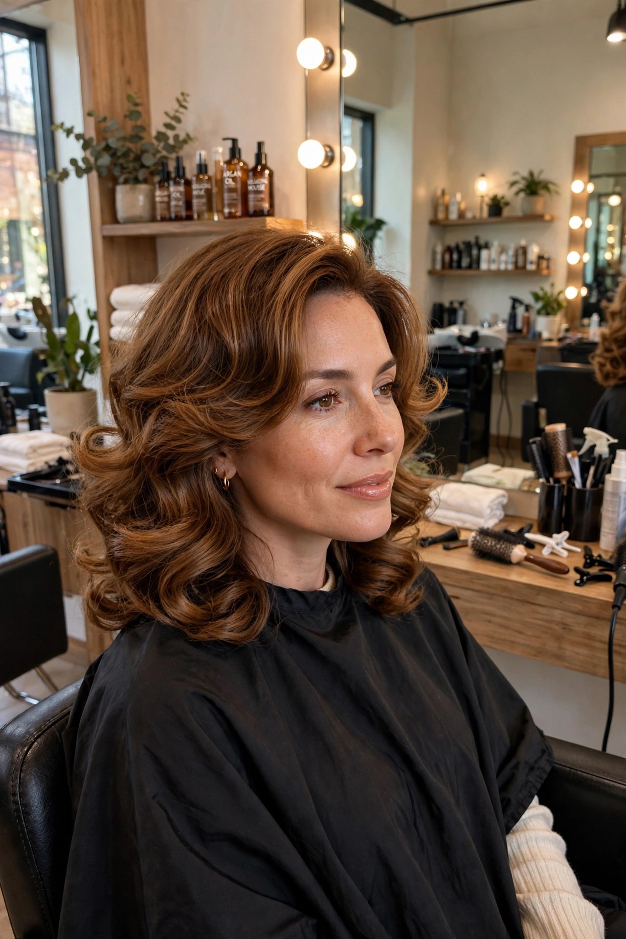 Woman with a bouncy blowout lob in a salon