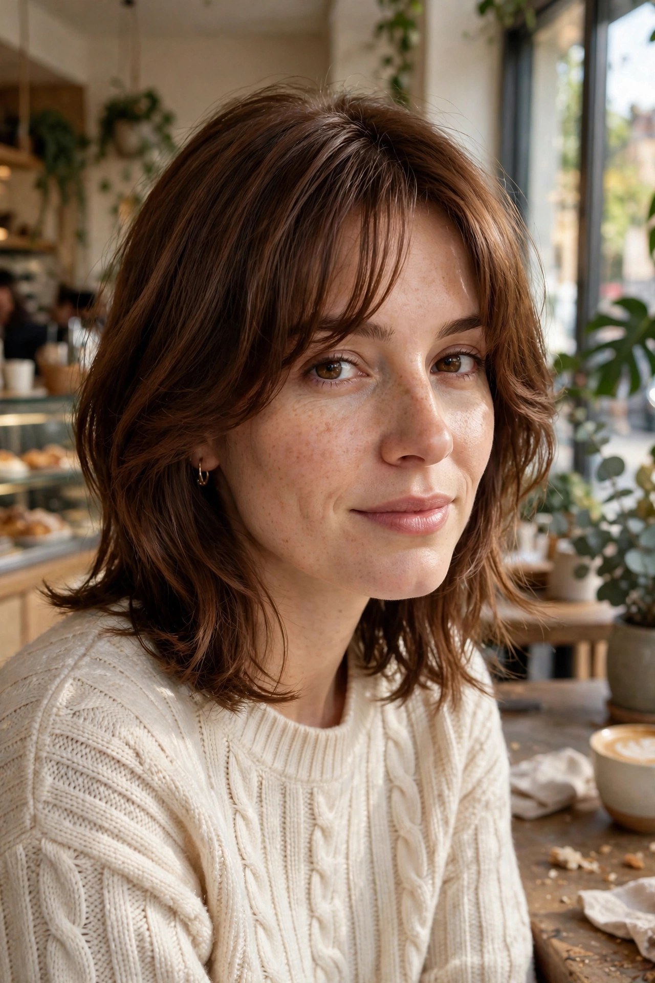 Woman with a lob haircut and curtain bangs