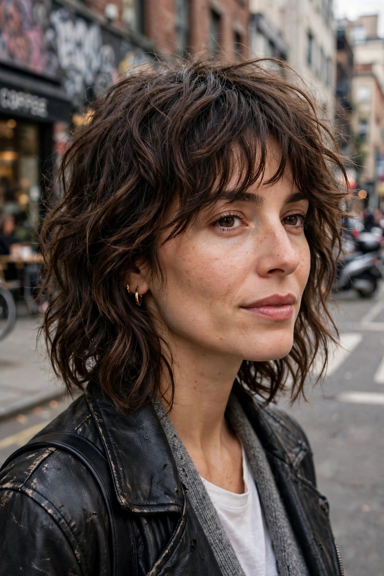 Woman with a shaggy textured lob haircut