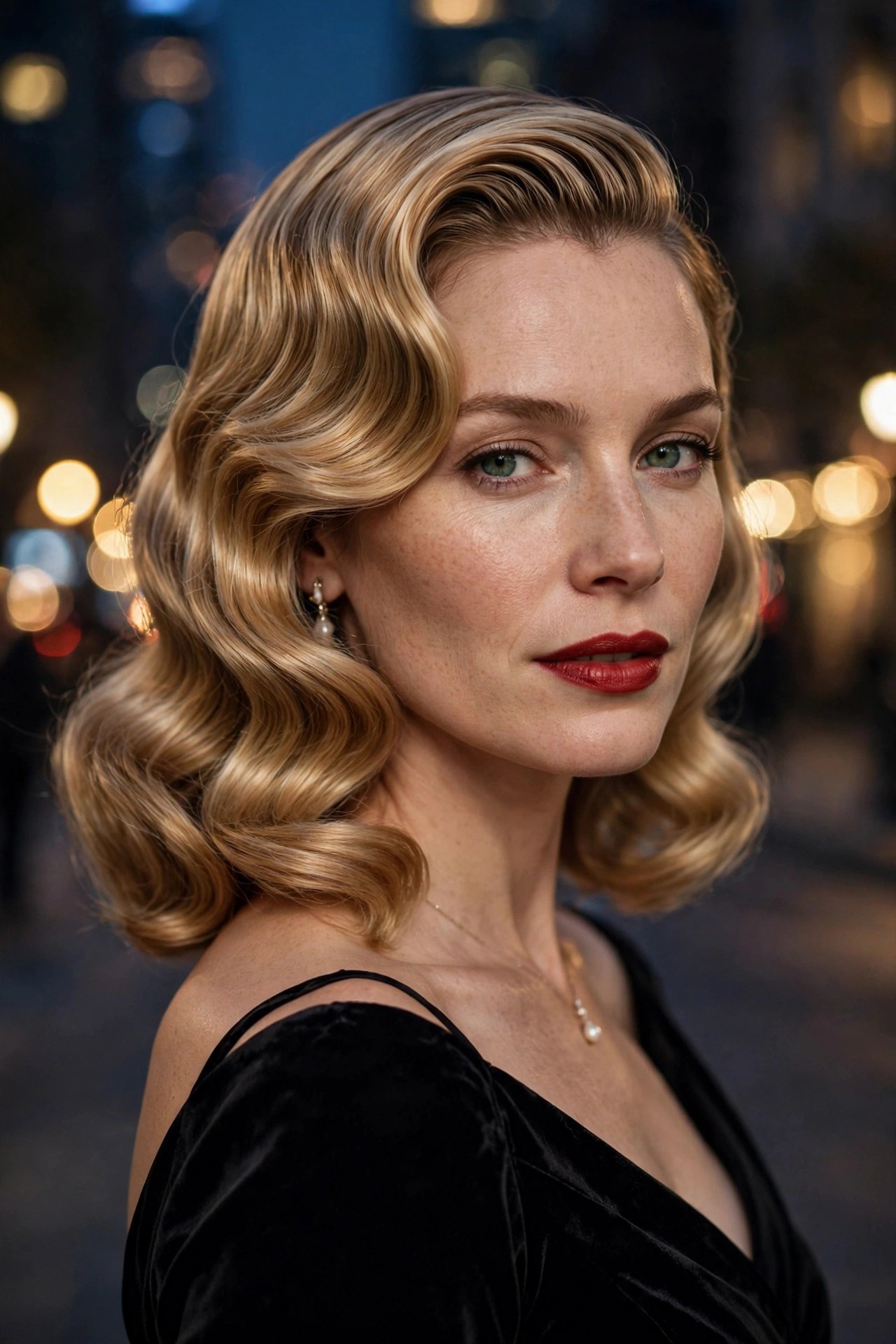 Woman with a deep side-part lob in Hollywood waves
