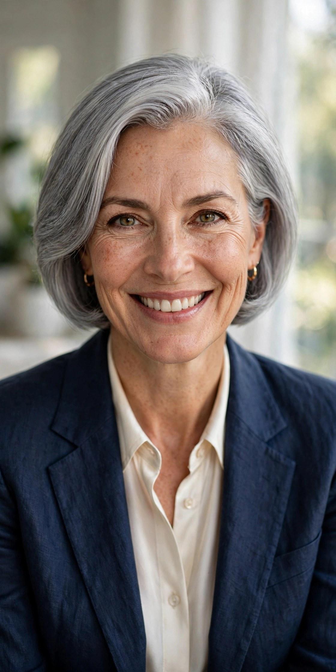 Elegant woman in her 50s with a silver-gray lob