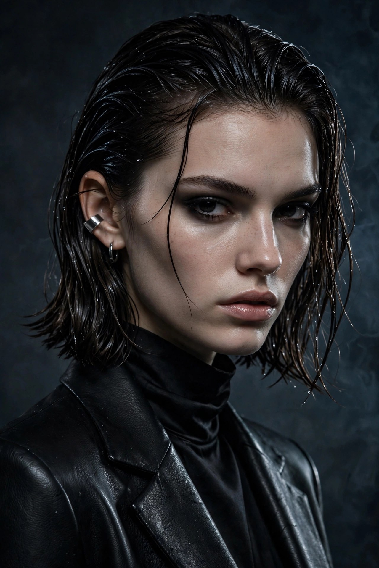 Fashion editorial of a woman with a wet-look lob
