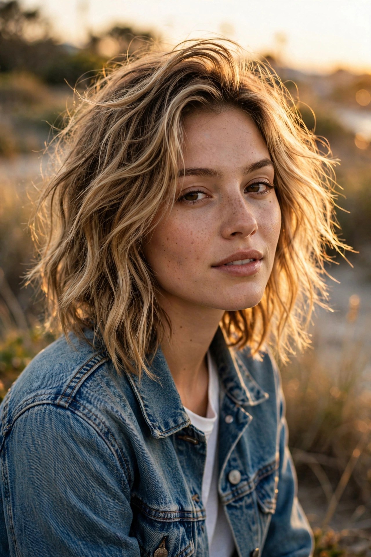 Woman with a tousled air-dried lob with natural waves