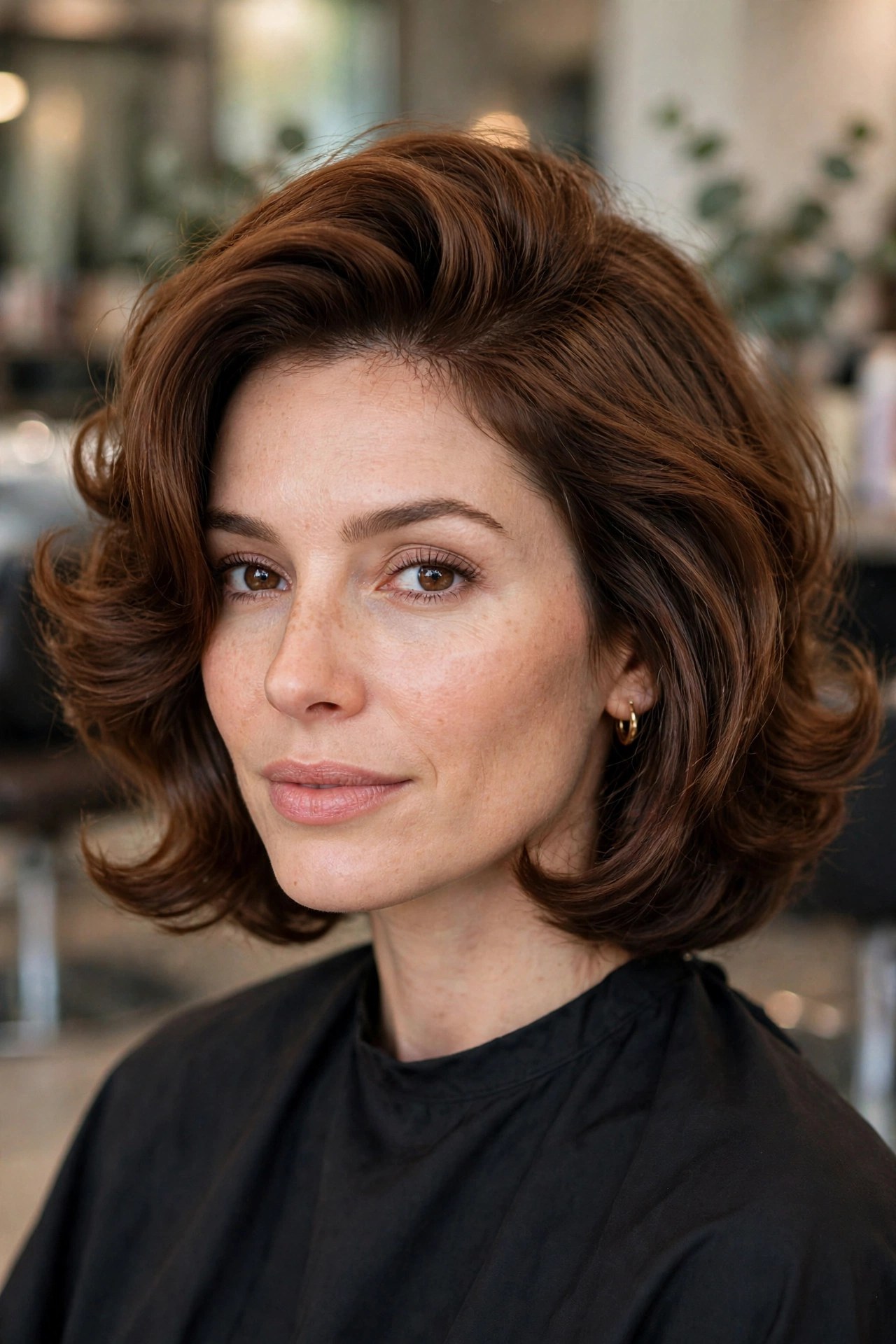 Woman with a bouncy blowout lob styled with a hot air brush