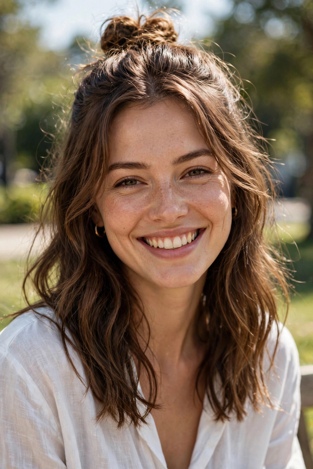 Woman with a half-up top knot on a lob haircut