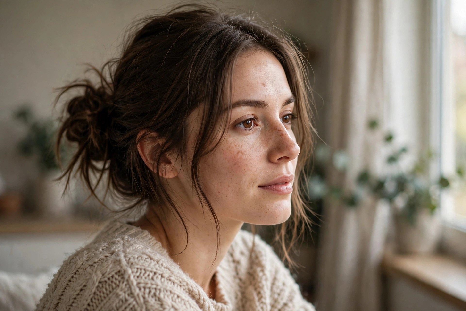 Woman with a messy low bun styled from a lob