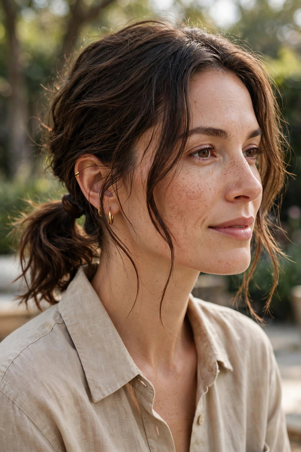 Woman with a textured low ponytail styled from a lob