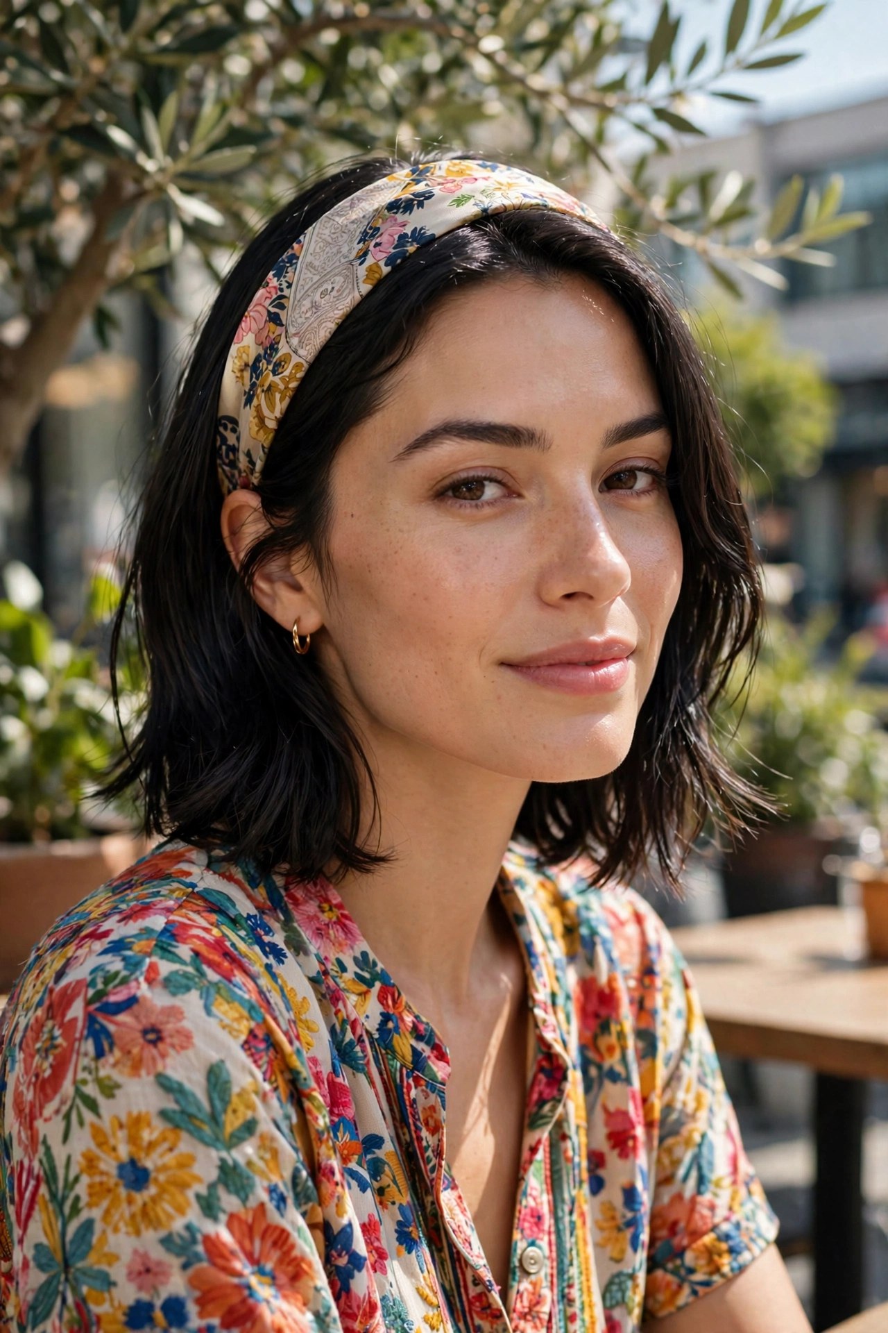 Woman wearing a silk headband with a lob haircut
