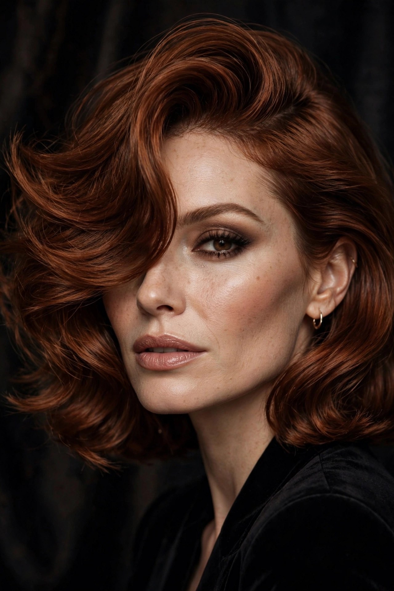 Woman with a lob in a deep side part with volume