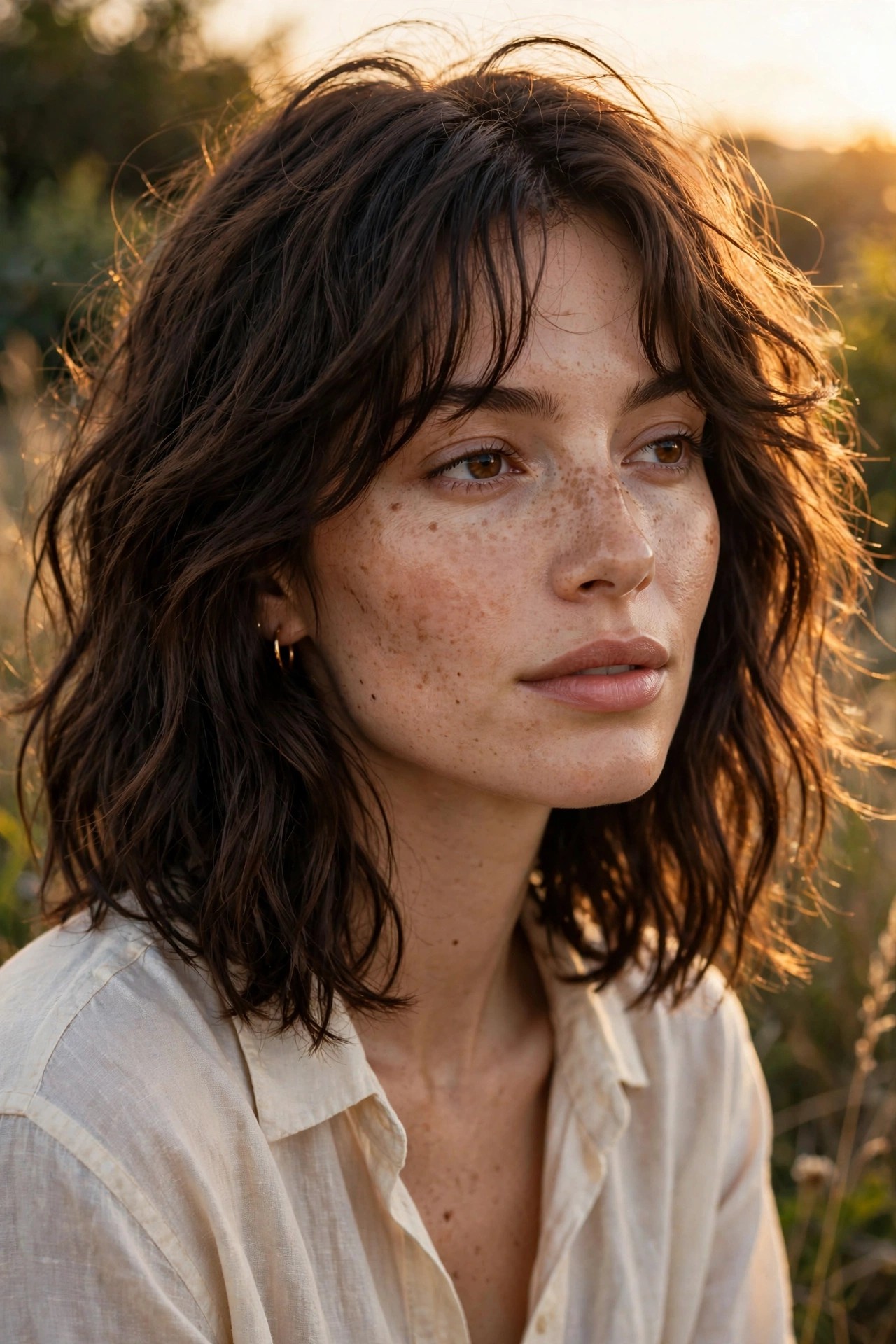 Textured lob haircut with curtain bangs