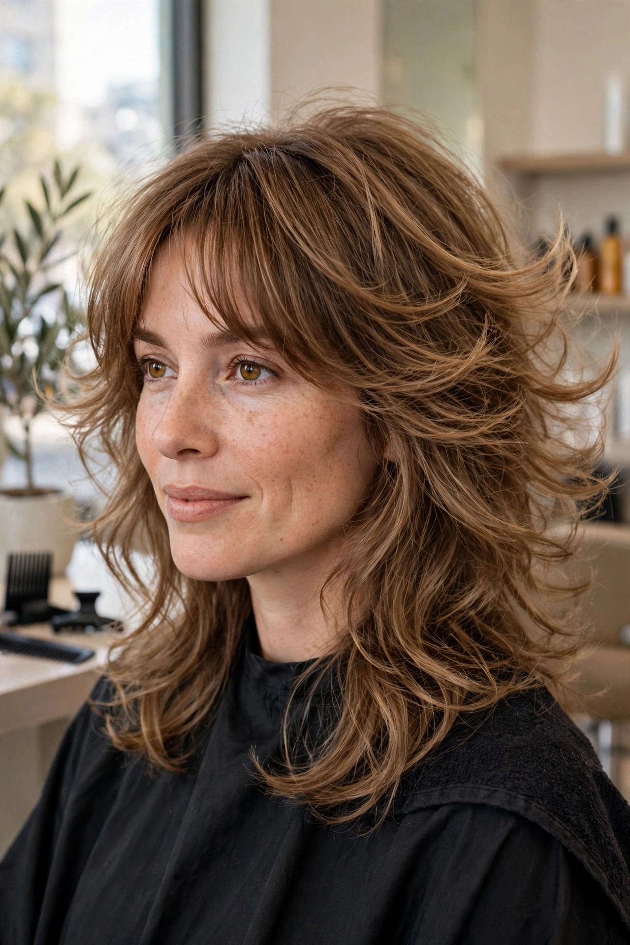 Bouncy butterfly haircut at midlength with curtain bangs