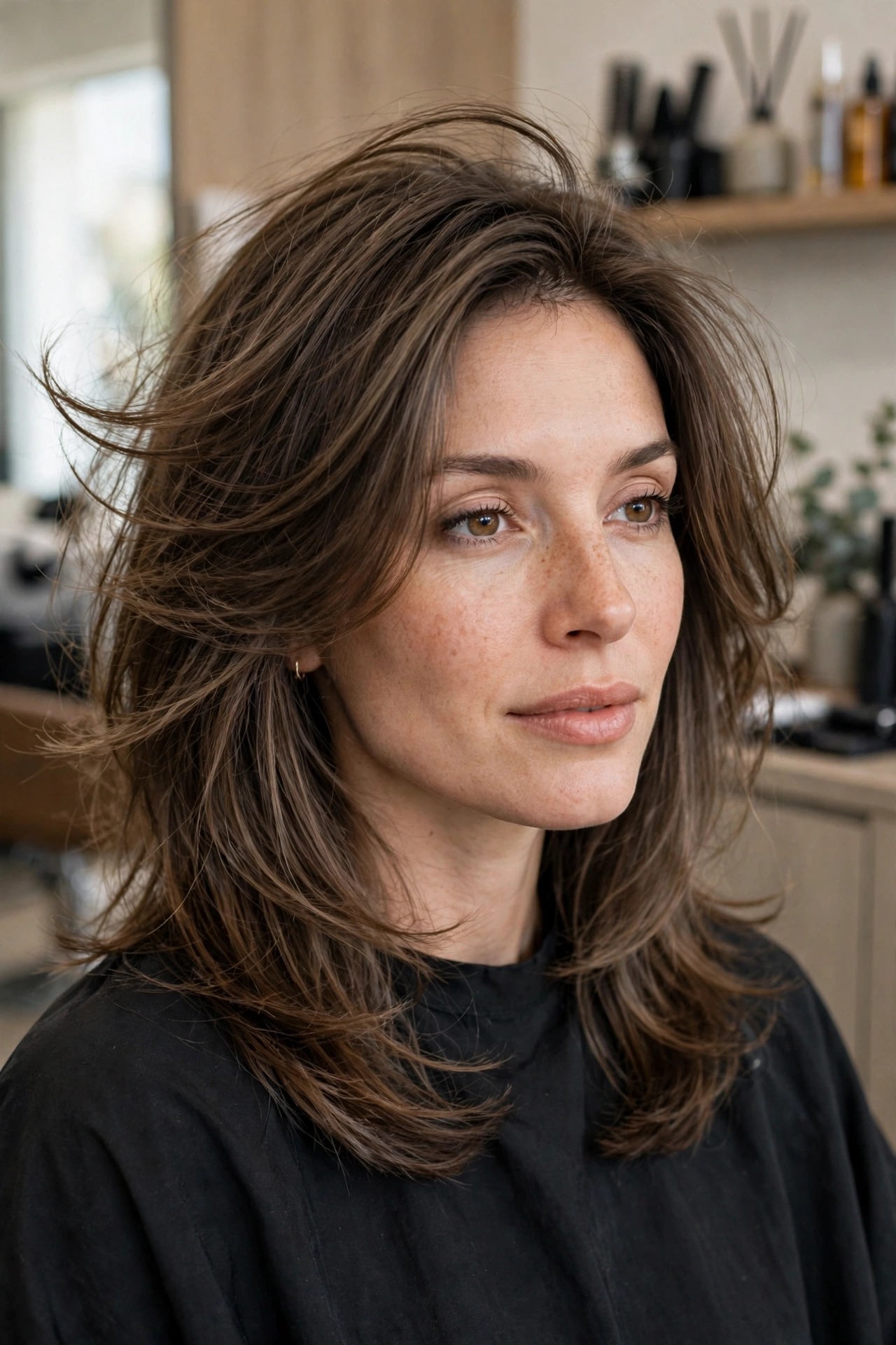 Thick midlength hair with invisible interior layers