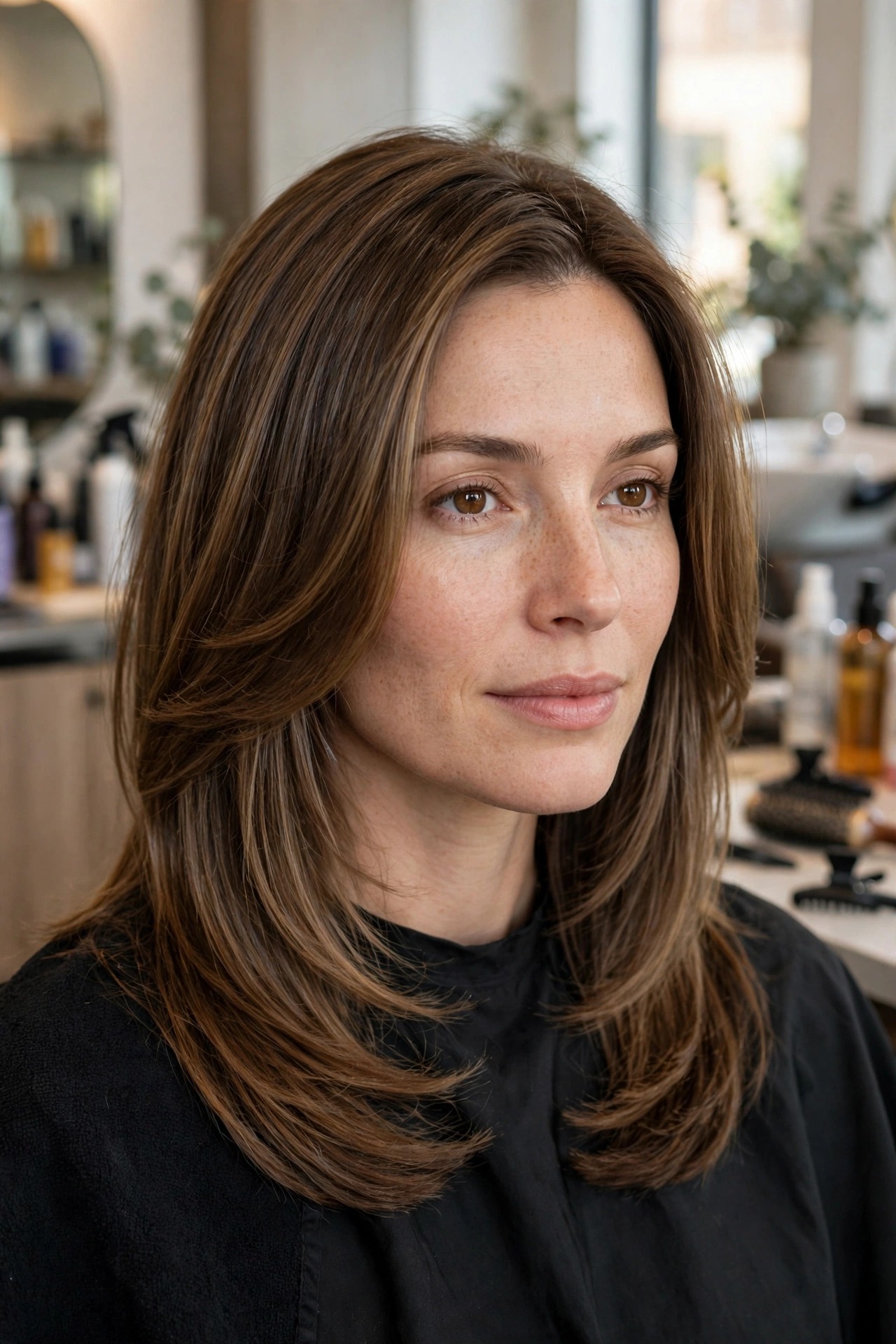 Thick midlength hair with long blended layers