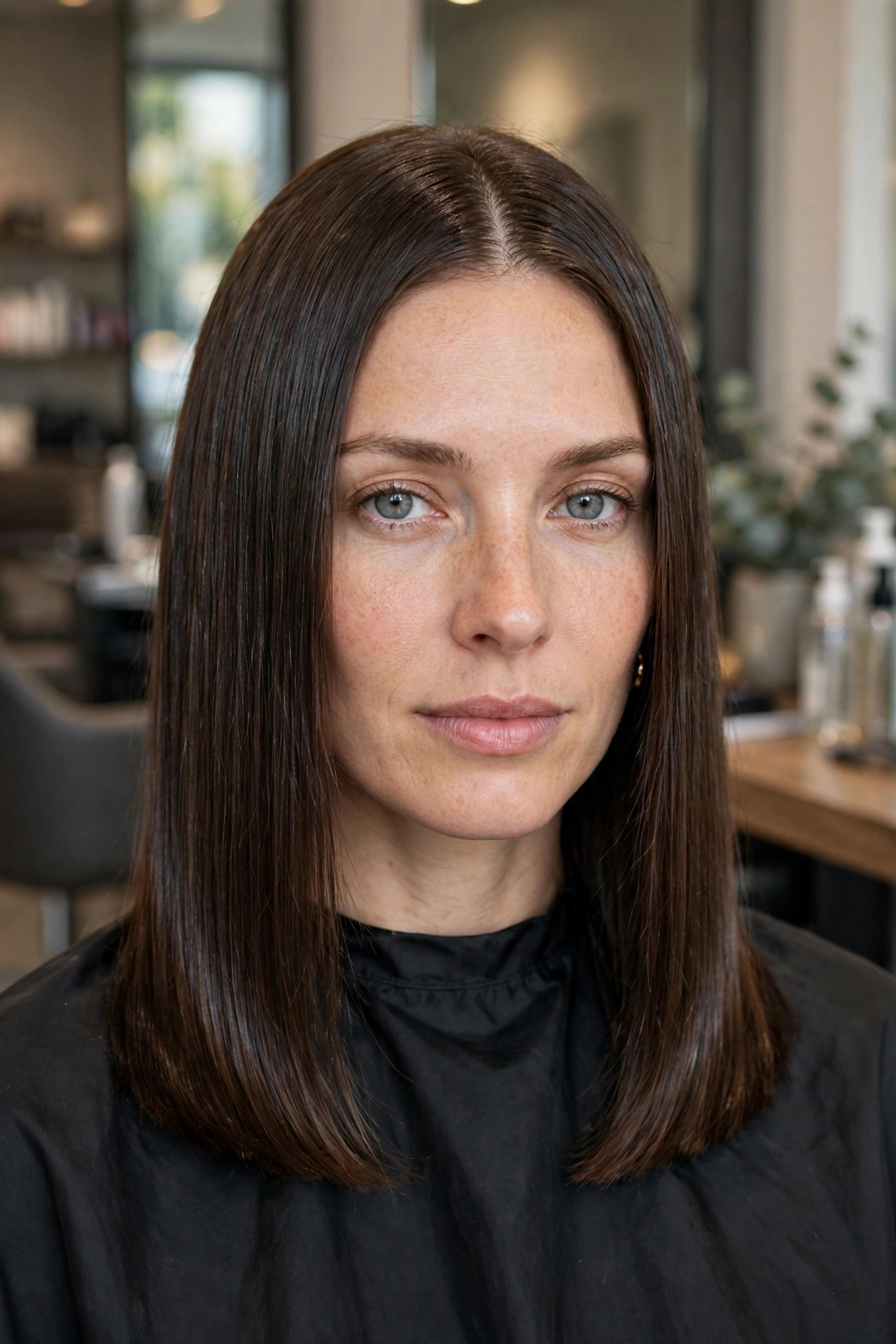 One-length midlength hair with center part and glass shine