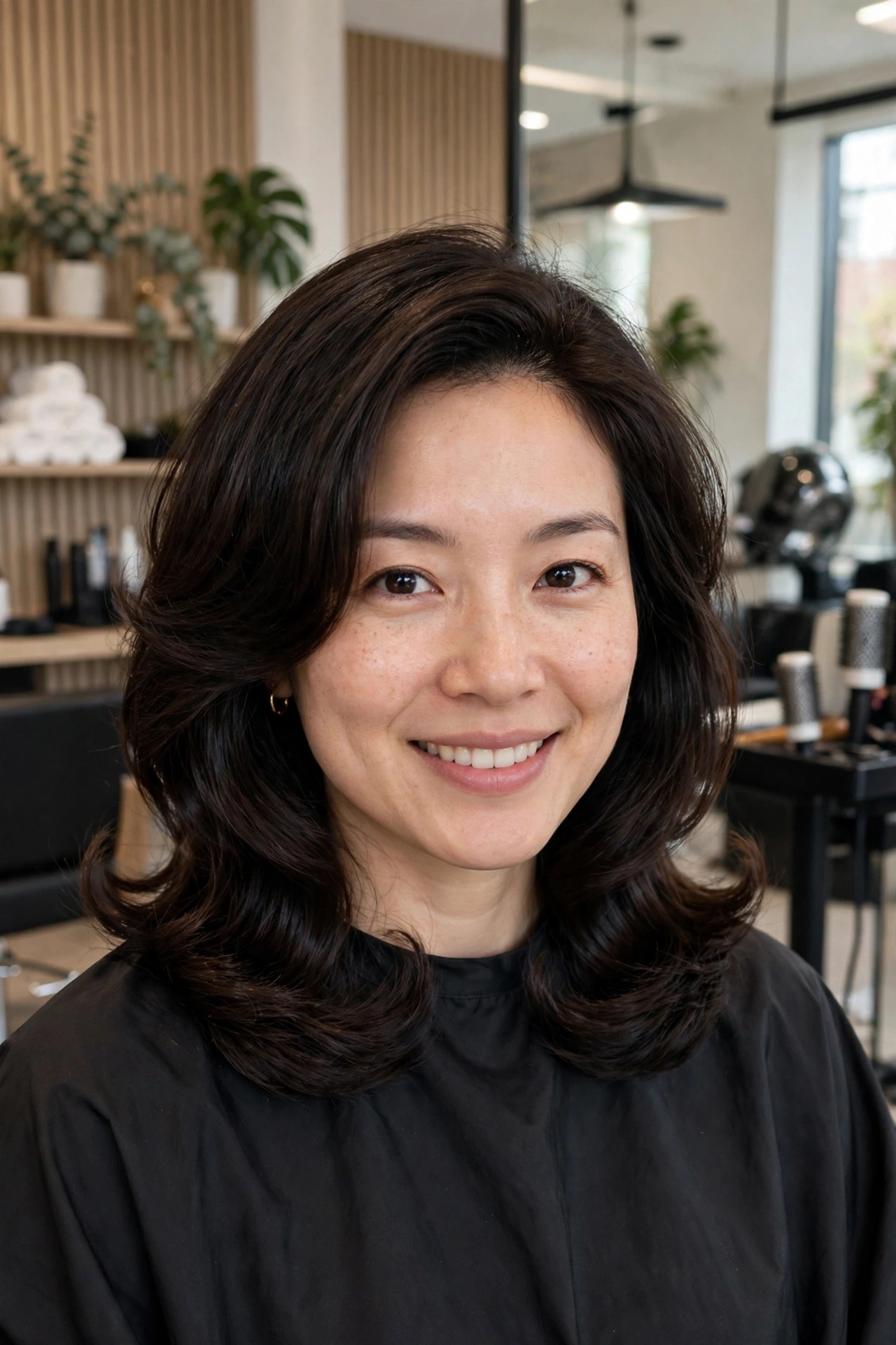 Rounded bouncy midlength haircut with soft inward curve