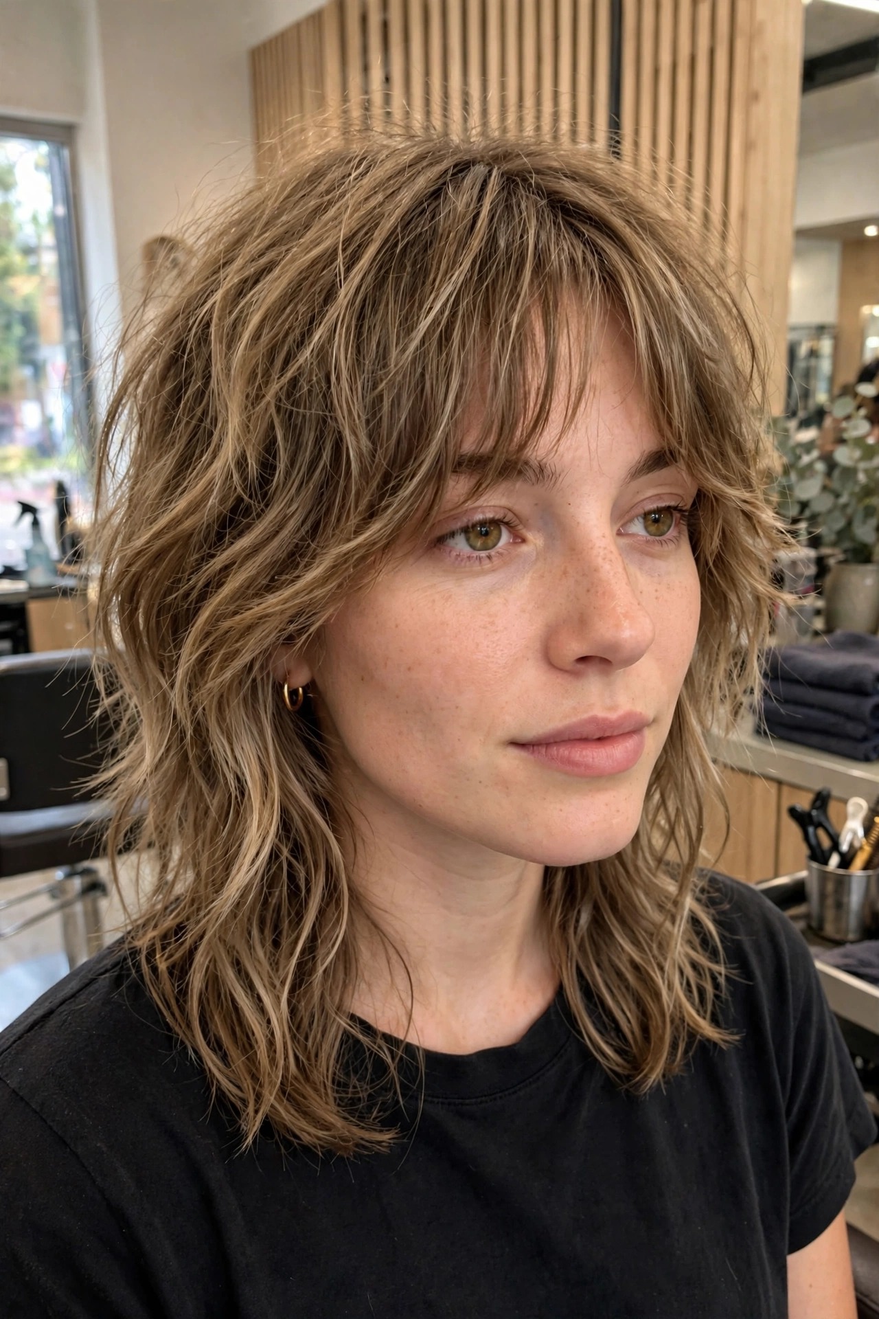 Wavy shaggy midlength haircut with curtain bangs