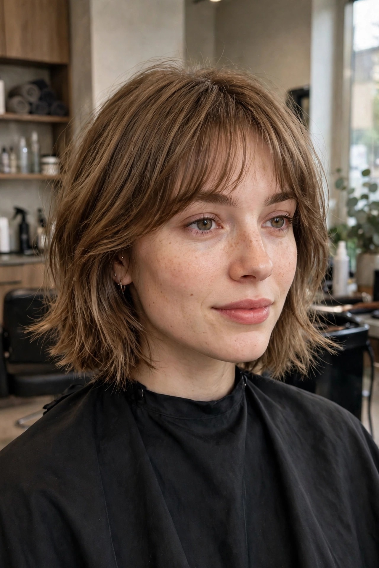 Fine midlength hair with texture and wispy bangs