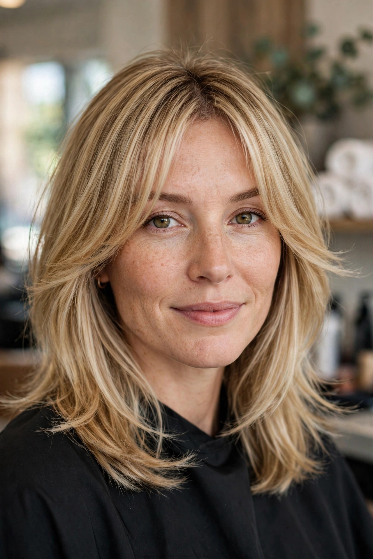 Mid-length haircut with soft ends-only layers and curtain bangs