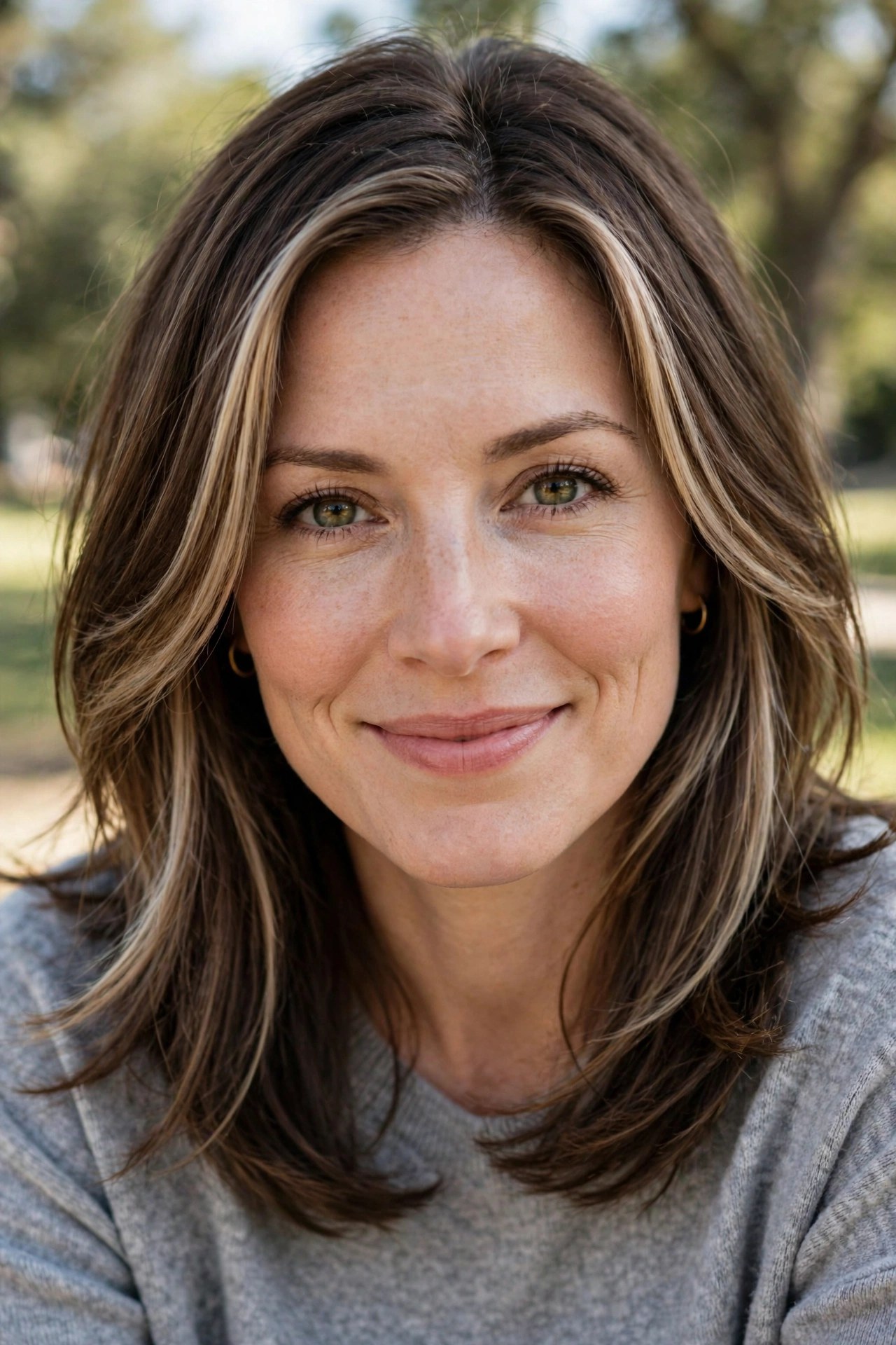 Medium hair with face-framing layers and soft highlights