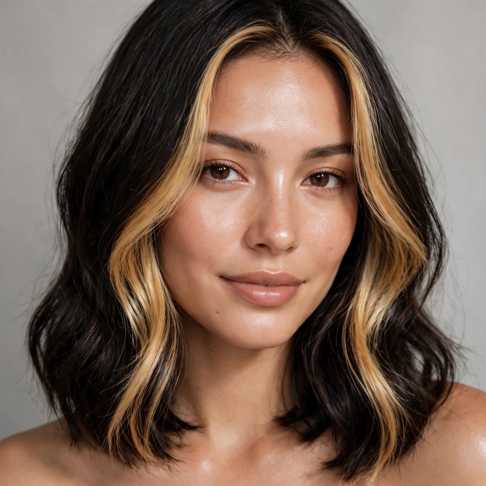 Collarbone-length hair with bright face-framing money piece highlights