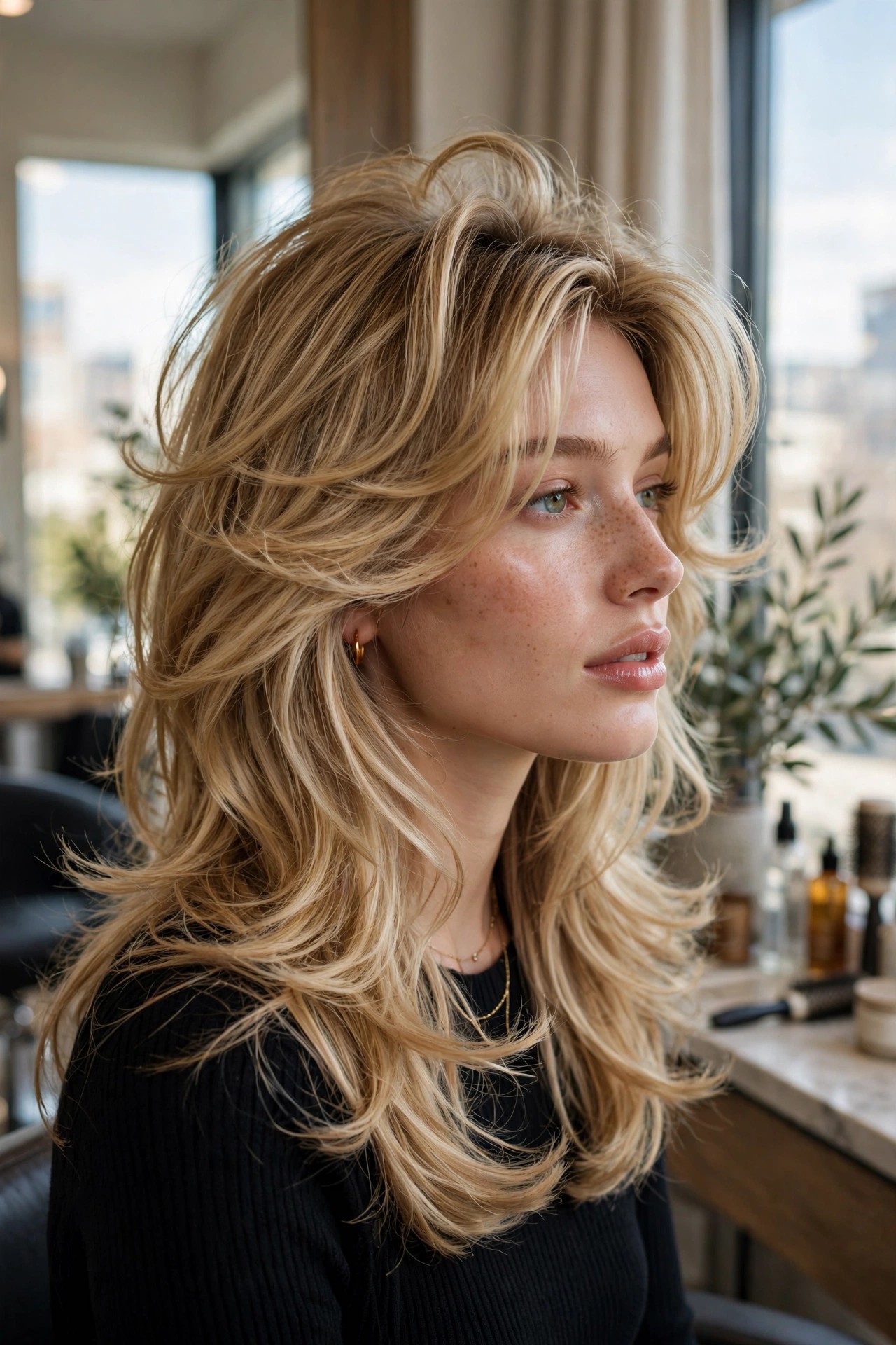 Butterfly haircut with face framing curtain layers