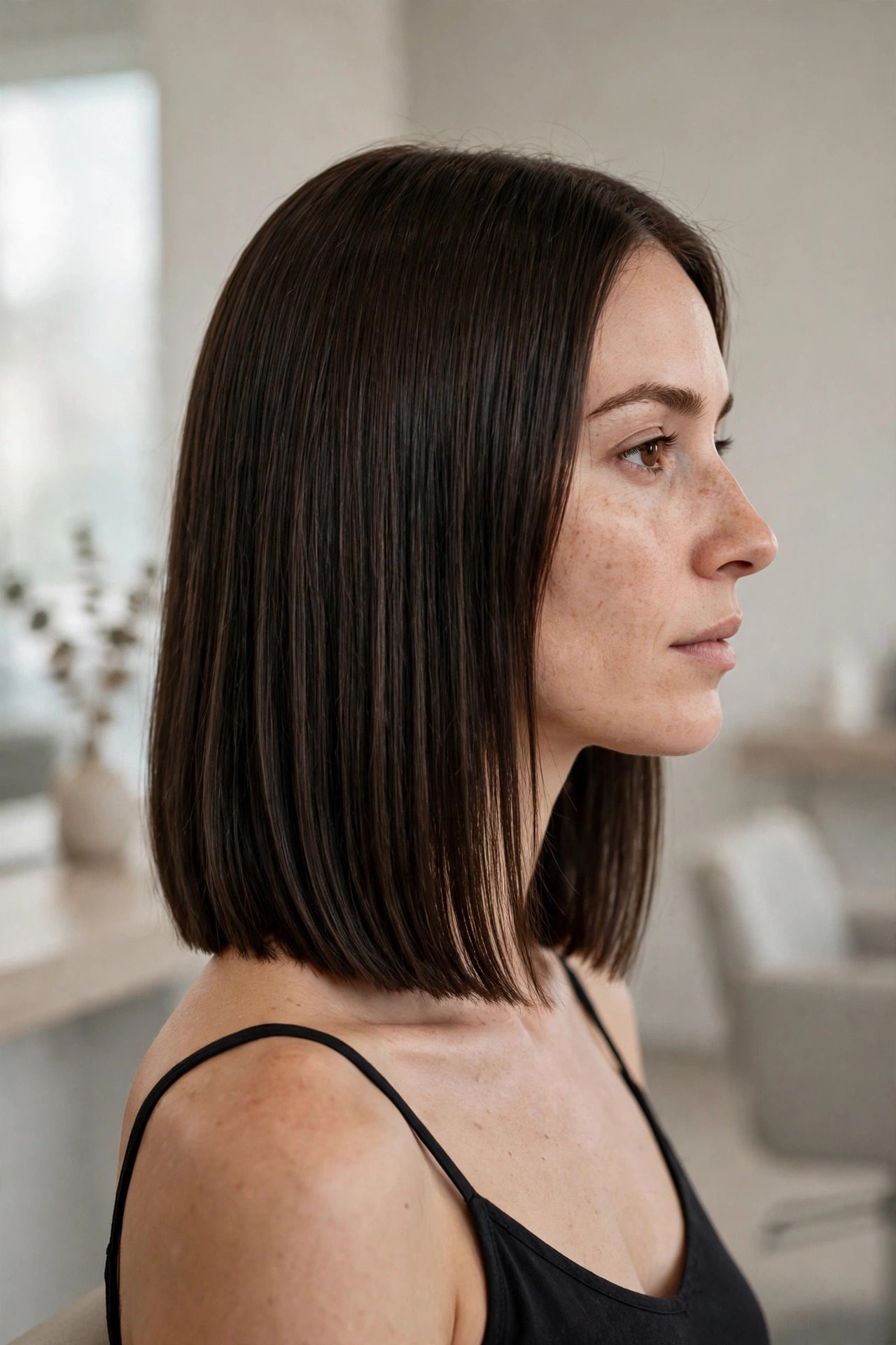 Blunt one-length collarbone haircut, straight dark hair