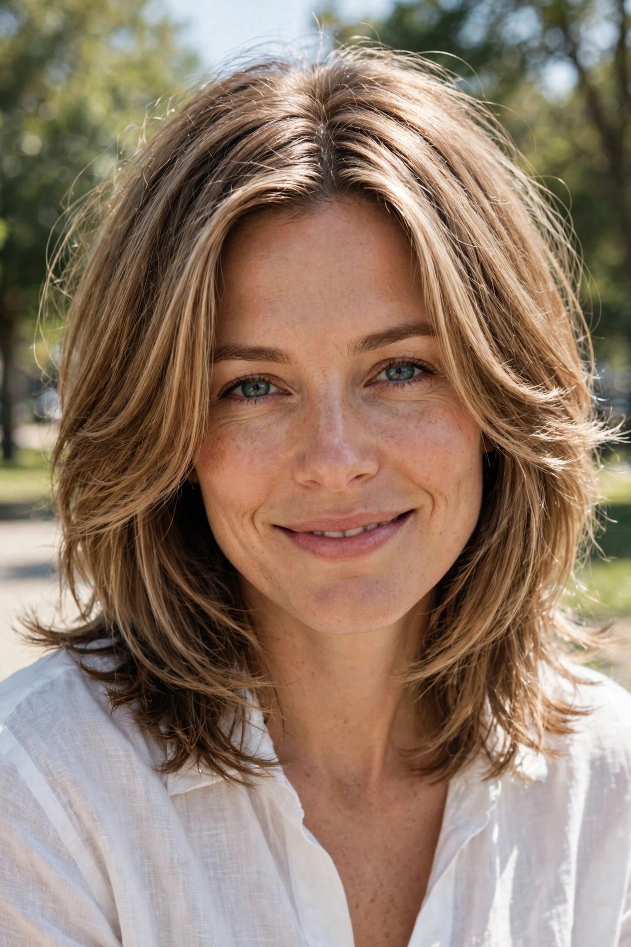 Woman with the modern 2026 Rachel haircut, softer grown-out layers, middle part