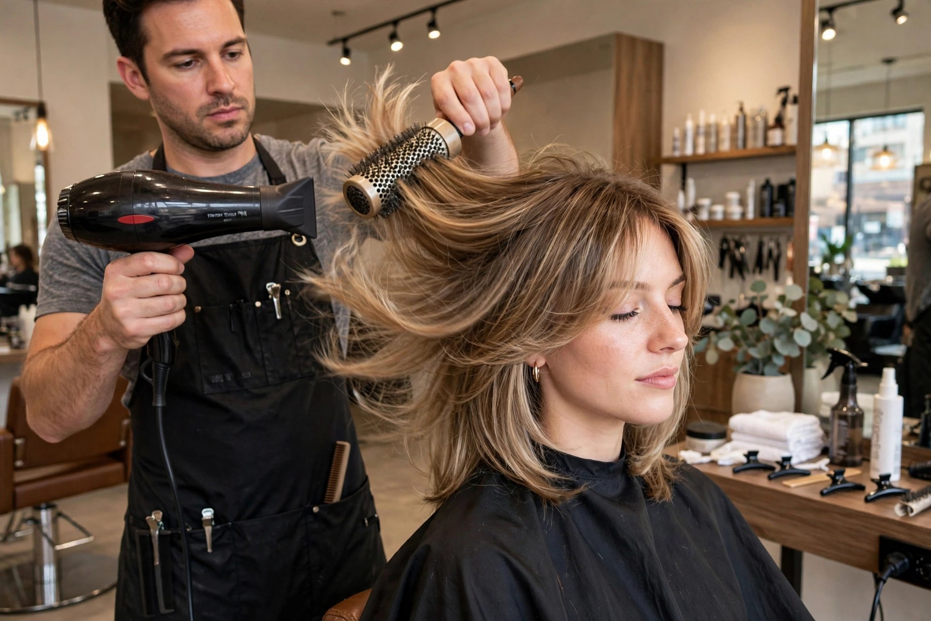 Hairstylist blow-drying a mid-length layered Rachel haircut with a round brush, bounce and volume