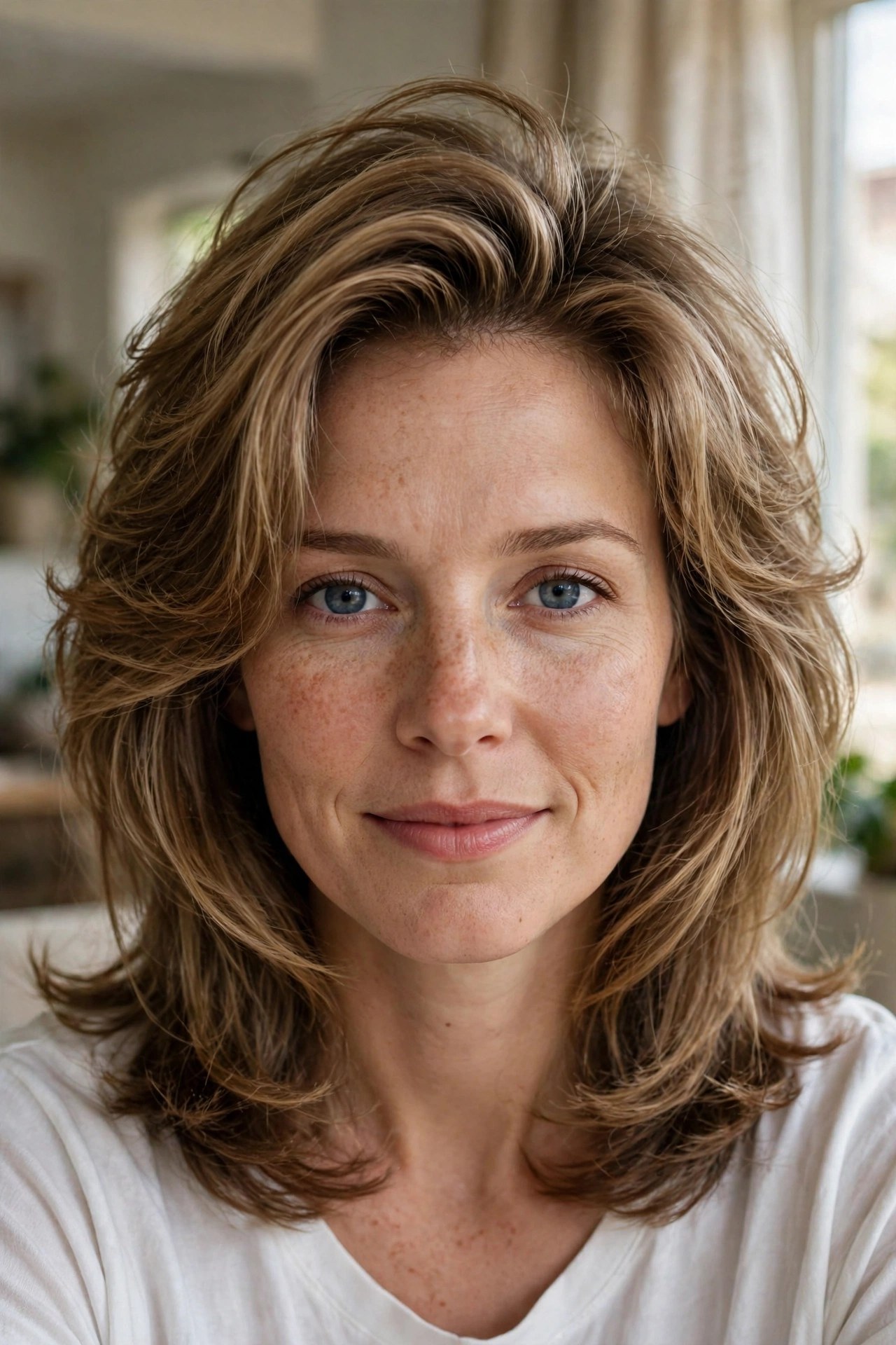 Woman with fine thin hair styled in voluminous mid-length 90s layers, lifted roots