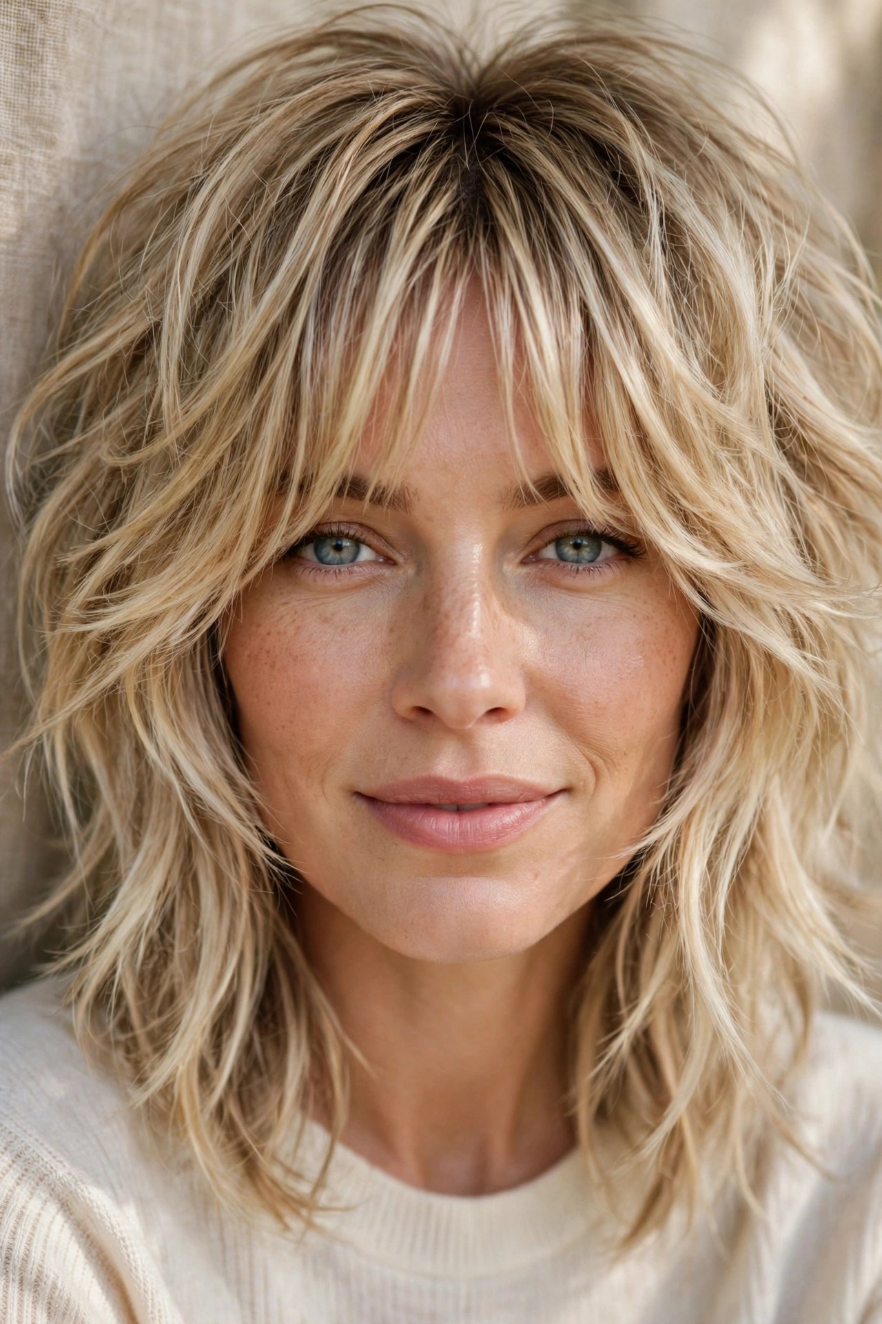 Shag haircut with curtain bangs on blonde hair